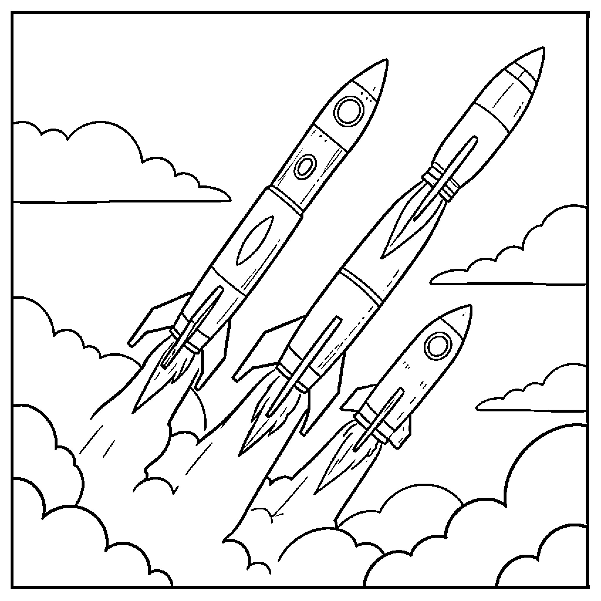 Rocket ships taking off into the clouds Coloring Page (free black-and-white line drawing printable PDF for all, from beginners to advanced learners, including children, teens, adults, and seniors)
