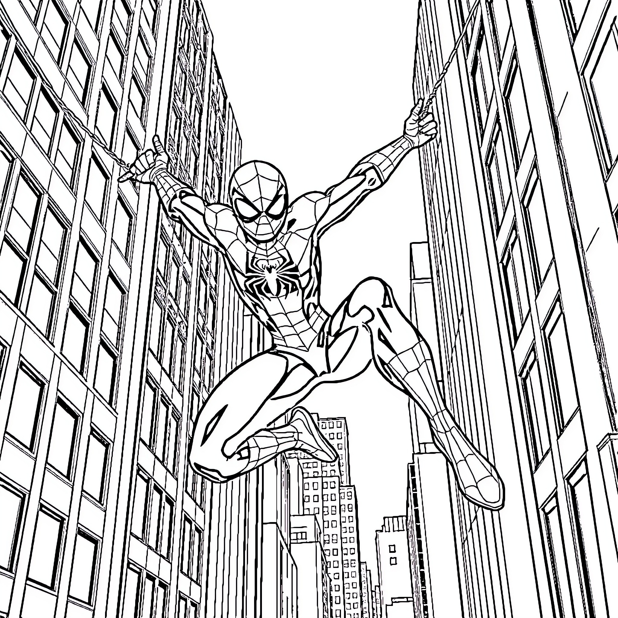 Spider-Man swinging through the city skyline Coloring Page (free black-and-white line drawing printable PDF for all, from beginners to advanced learners, including children, teens, adults, and seniors)