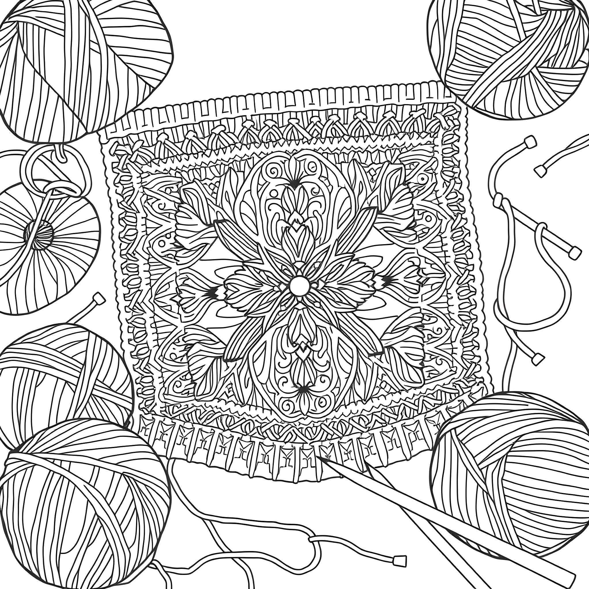 Knitting Pattern with Intricate Floral Design Coloring Page (free black-and-white line drawing printable PDF for all, from beginners to advanced learners, including children, teens, adults, and seniors)