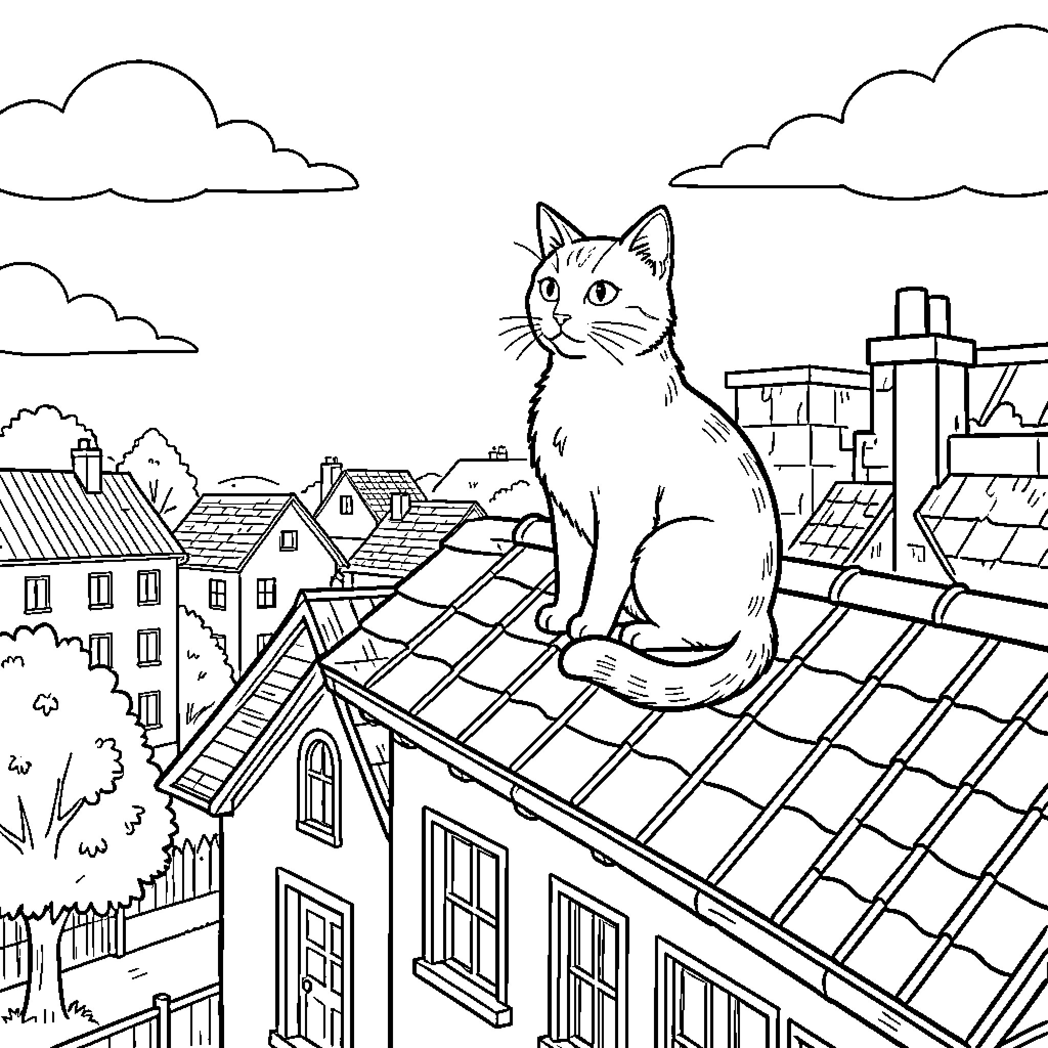 Cat exploring the rooftops of the city Coloring Page (free black-and-white line drawing printable PDF for all, from beginners to advanced learners, including children, teens, adults, and seniors)