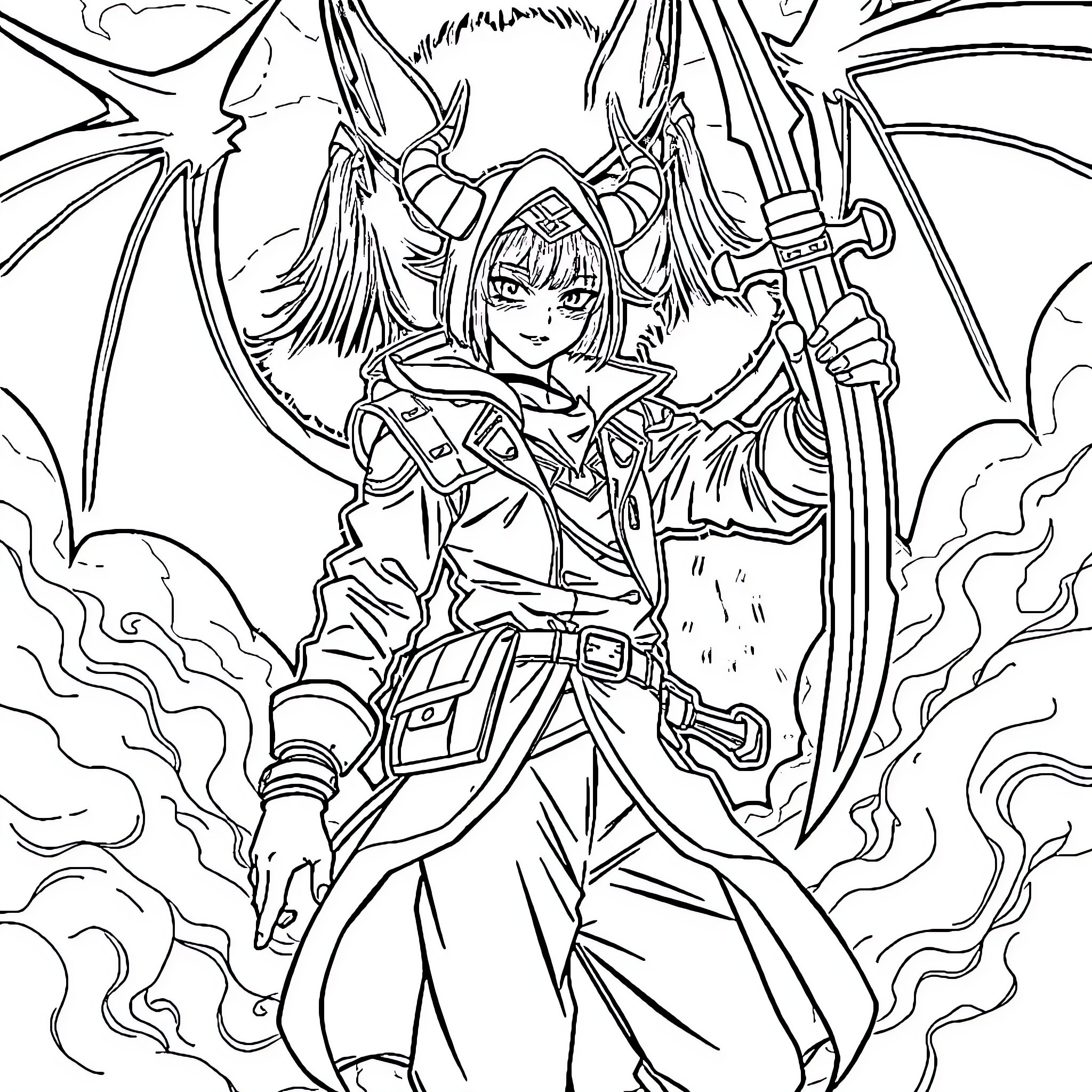 Demon Hunter with Powerful Armaments and Fierce Expression Coloring Page (free black-and-white line drawing printable PDF for all, from beginners to advanced learners, including children, teens, adults, and seniors)