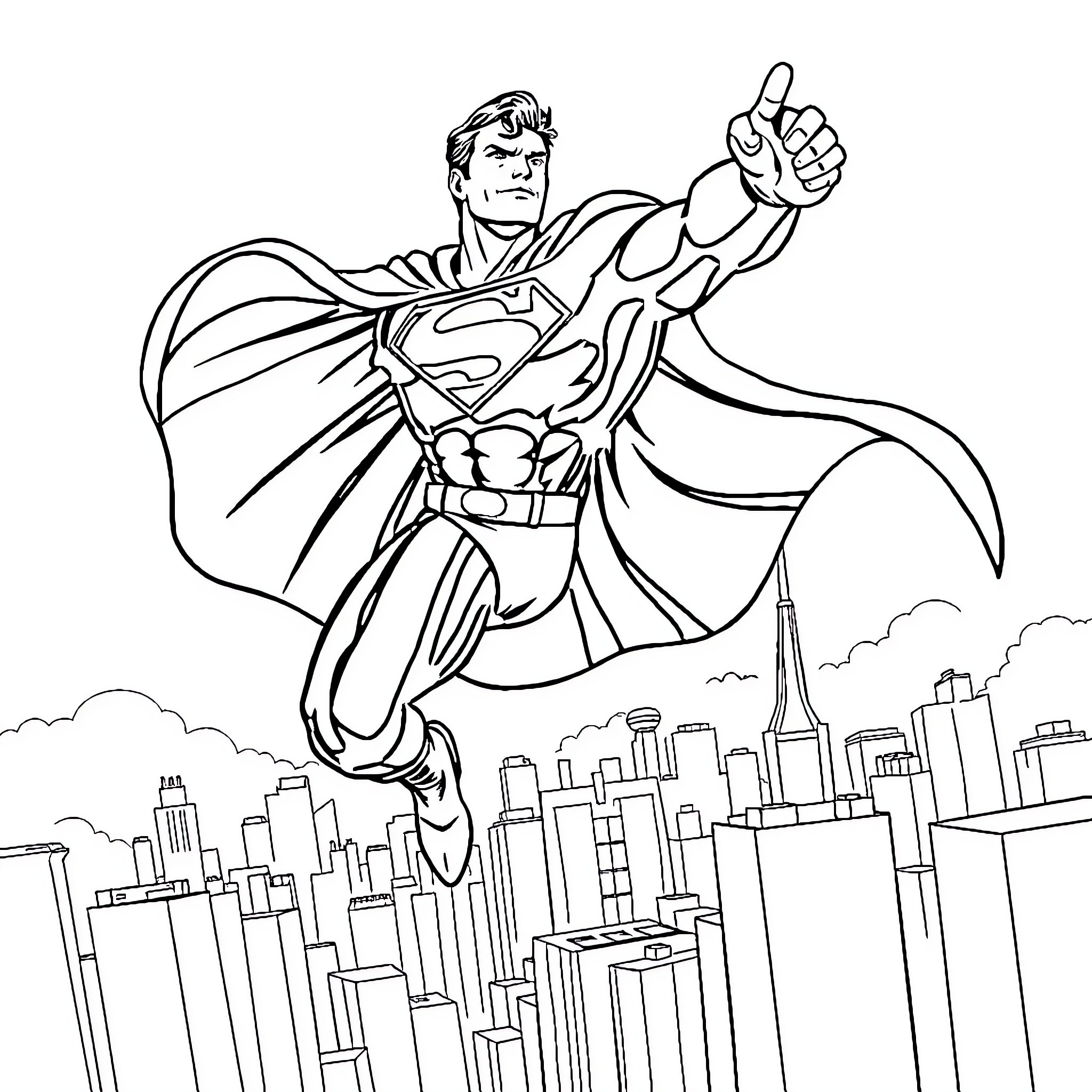 Superman soaring above the city in heroic pose Coloring Page (free black-and-white line drawing printable PDF for all, from beginners to advanced learners, including children, teens, adults, and seniors)