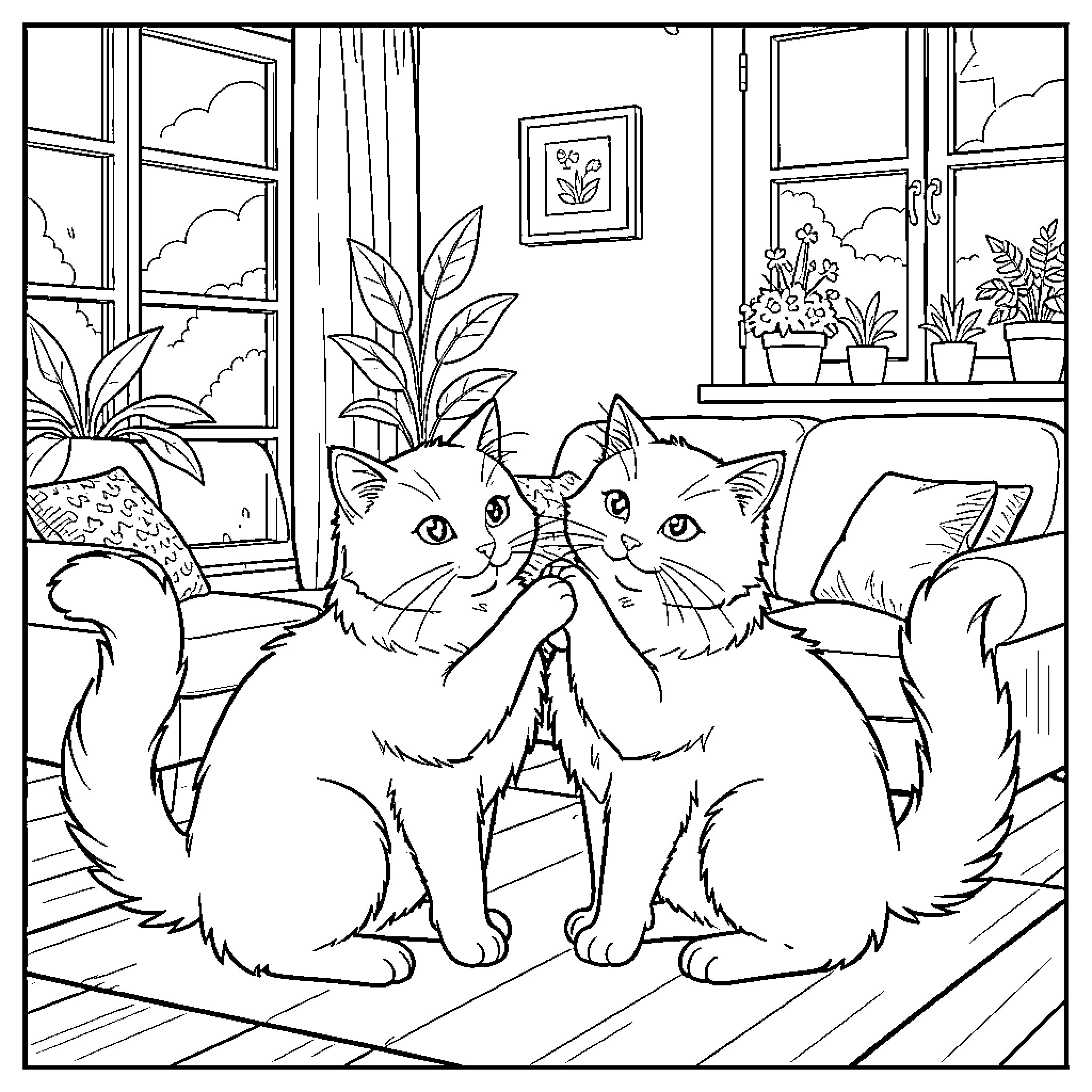 Cats Relaxing in Cozy Indoor Setting Coloring Page (free black-and-white line drawing printable PDF for all, from beginners to advanced learners, including children, teens, adults, and seniors)