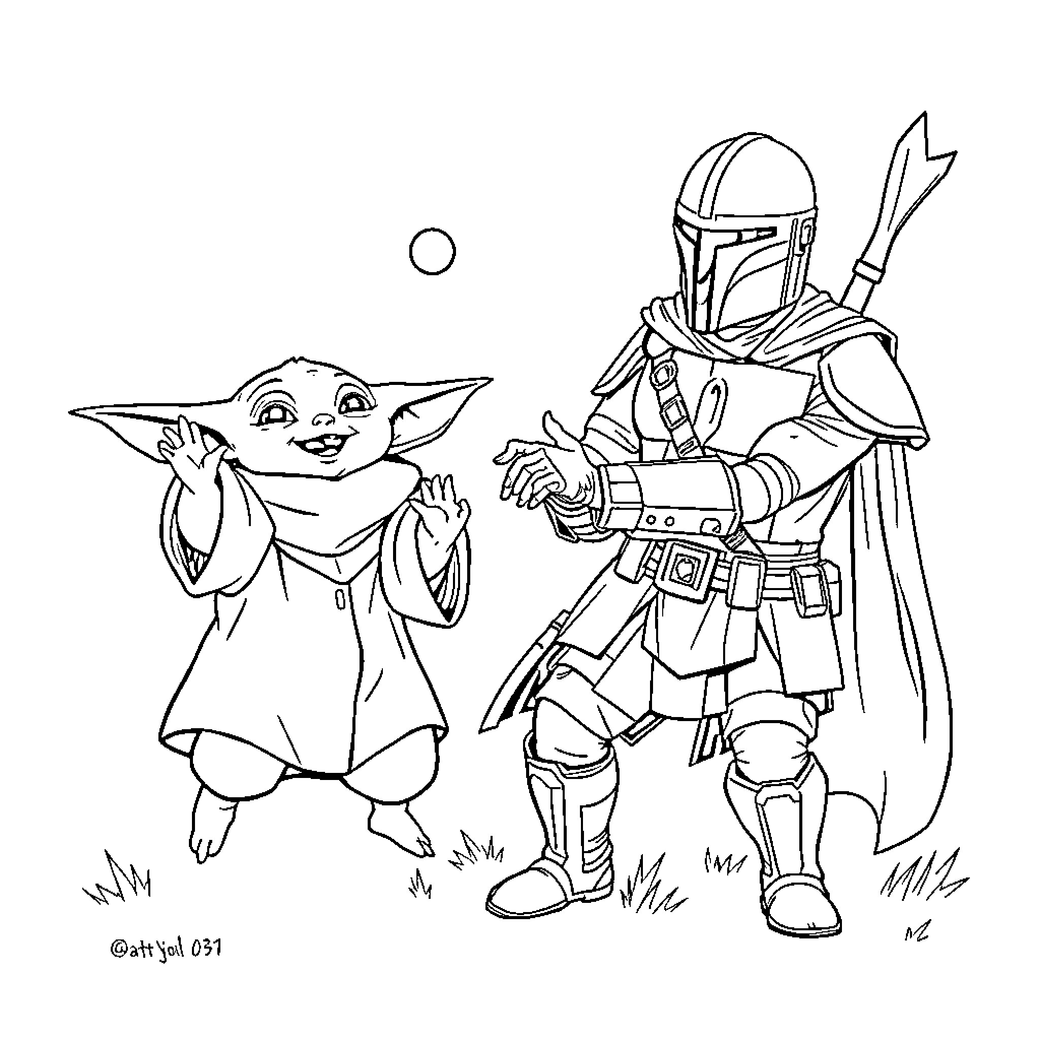 Baby Yoda and Mandalorian warrior in playful encounter Coloring Page (free black-and-white line drawing printable PDF for all, from beginners to advanced learners, including children, teens, adults, and seniors)