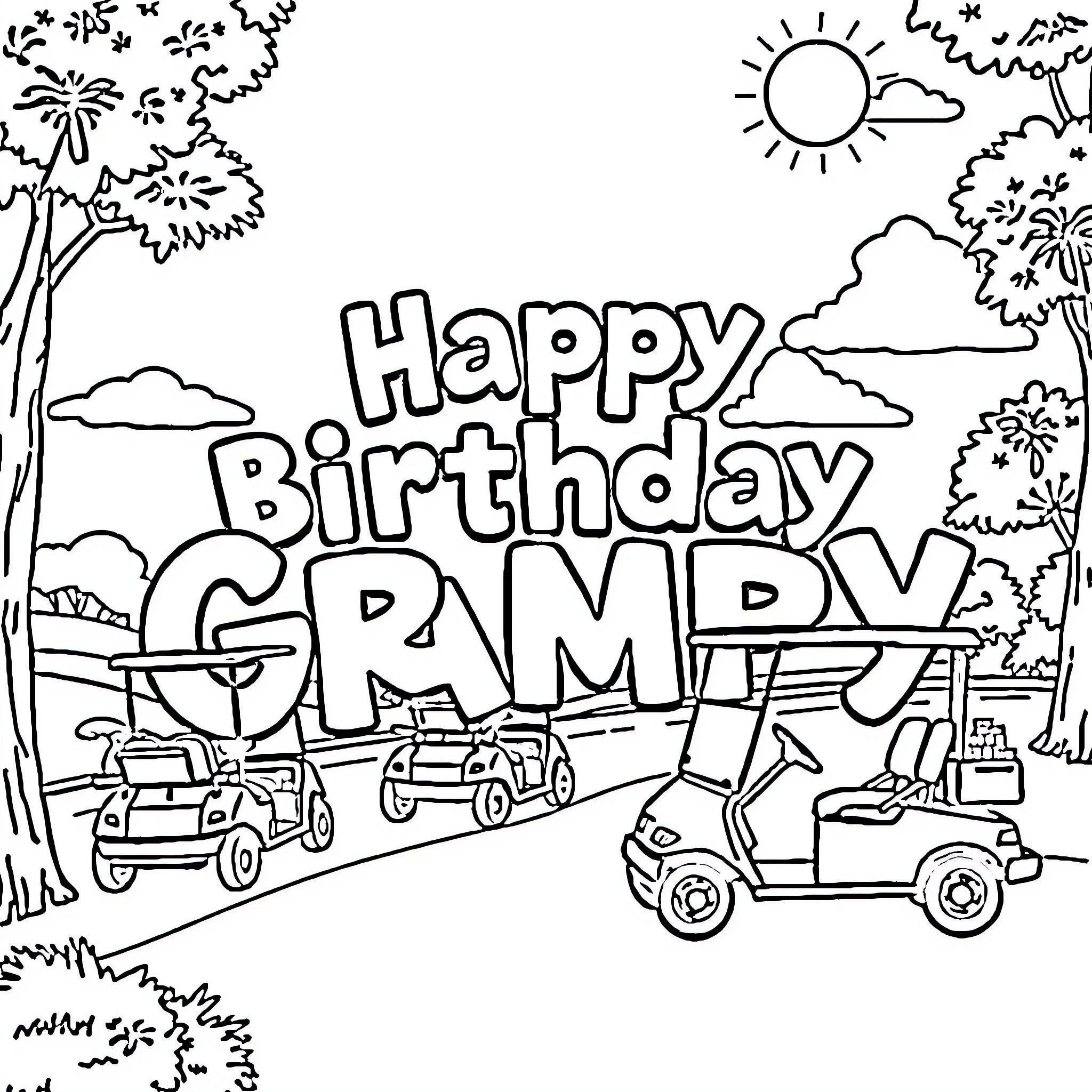 Birthday party with playful golf carts in nature Coloring Page (free black-and-white line drawing printable PDF for all, from beginners to advanced learners, including children, teens, adults, and seniors)