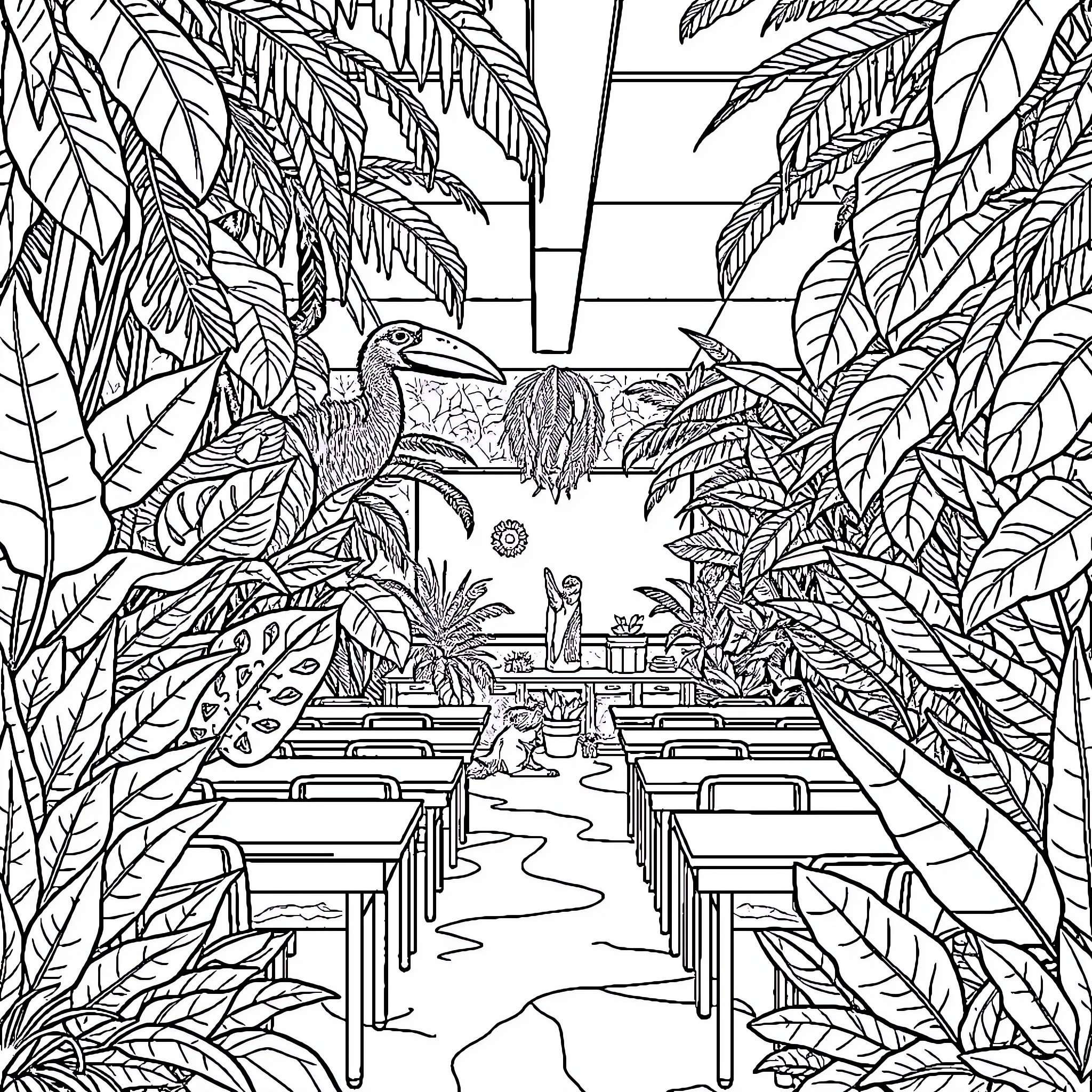 Classroom in a Lush Tropical Paradise Coloring Page (free black-and-white line drawing printable PDF for all, from beginners to advanced learners, including children, teens, adults, and seniors)