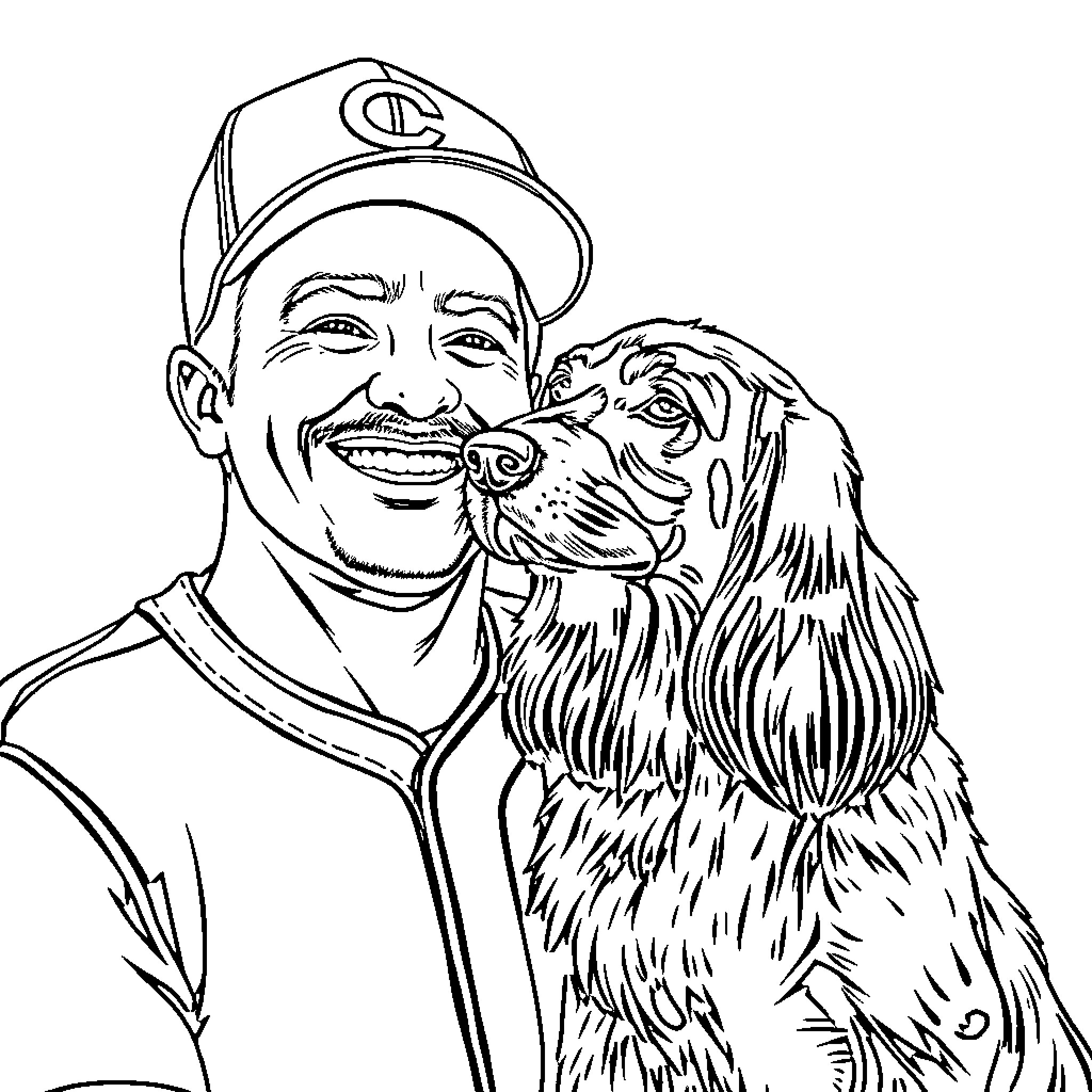 Baseball Player with Friendly Dog Coloring Page (free black-and-white line drawing printable PDF for all, from beginners to advanced learners, including children, teens, adults, and seniors)