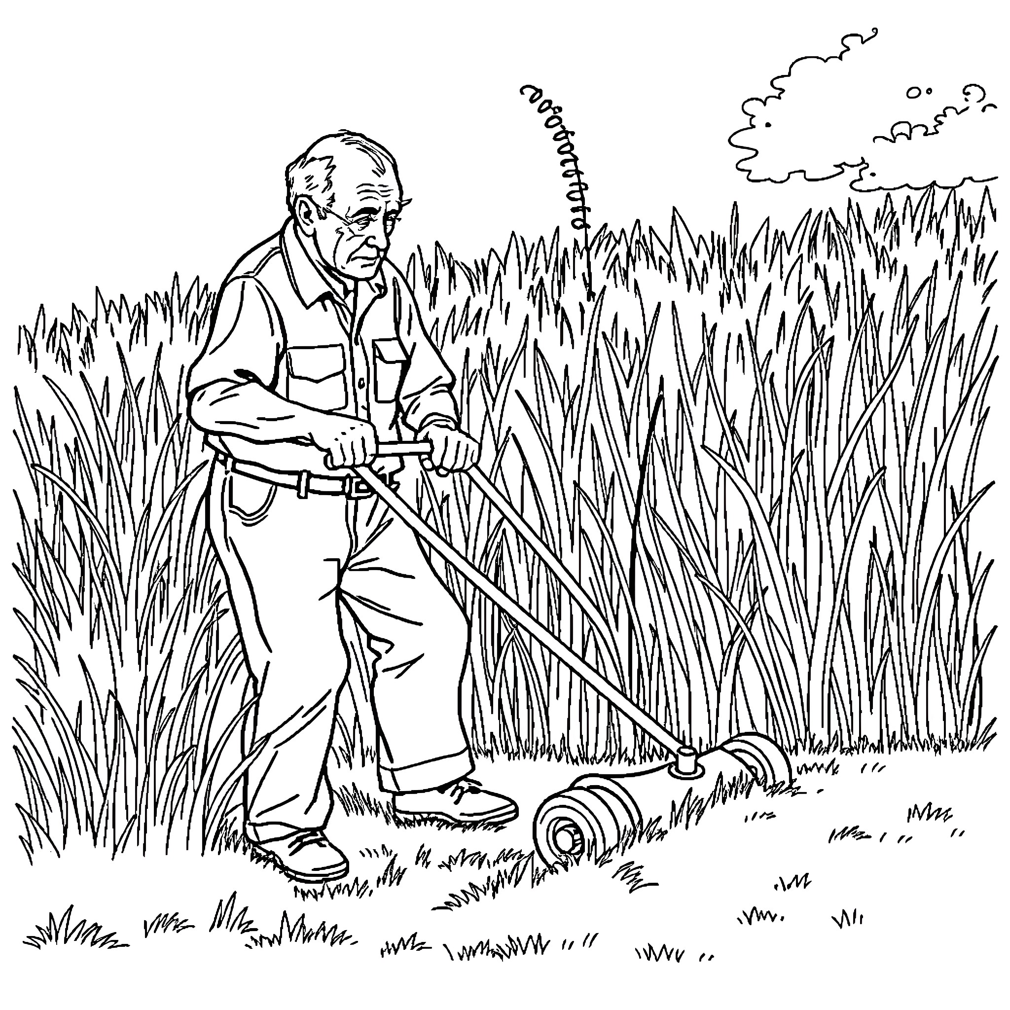 Man mowing the lawn in a grassy field Coloring Page (free black-and-white line drawing printable PDF for all, from beginners to advanced learners, including children, teens, adults, and seniors)