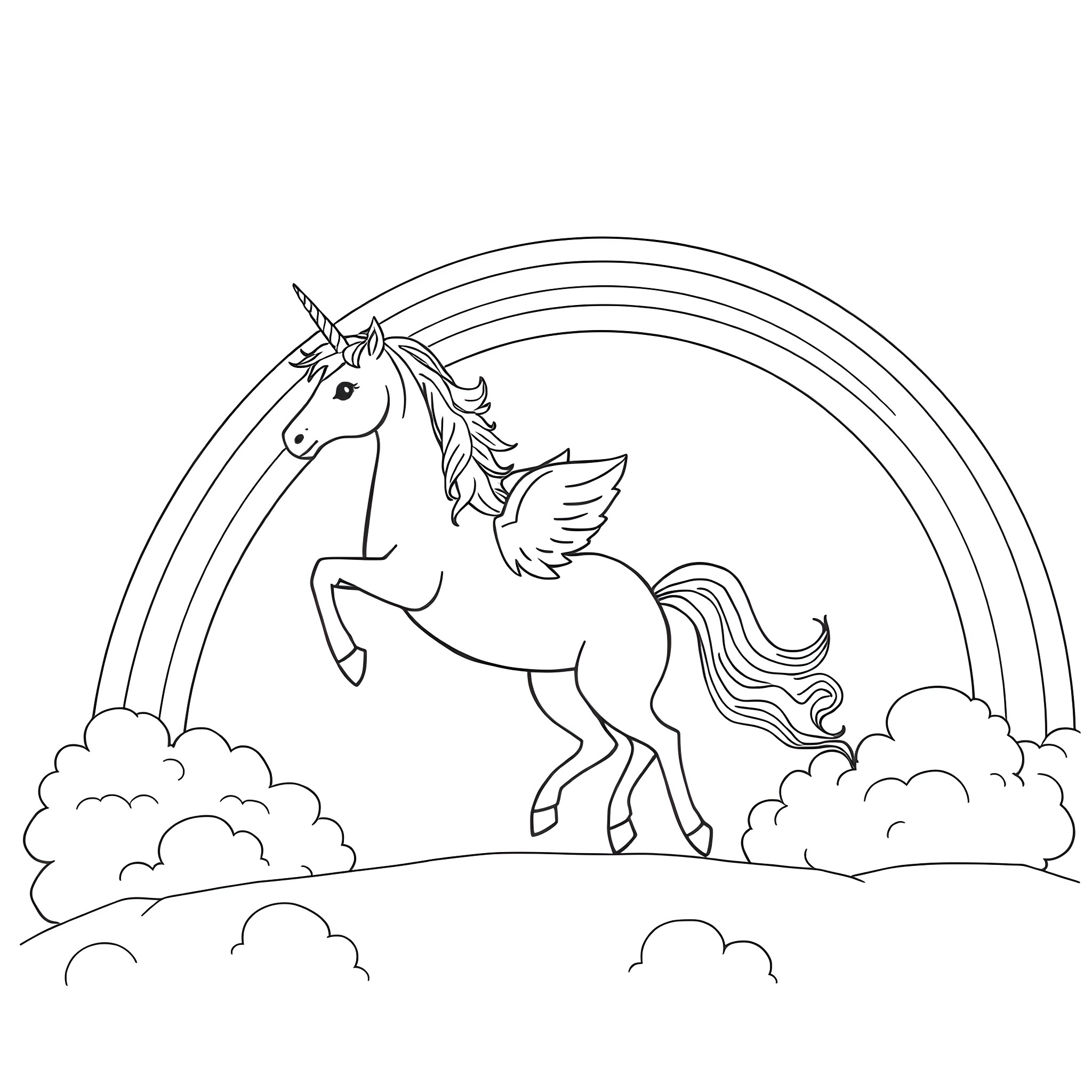 Unicorn prancing through whimsical clouds and rainbow Coloring Page (free black-and-white line drawing printable PDF for all, from beginners to advanced learners, including children, teens, adults, and seniors)