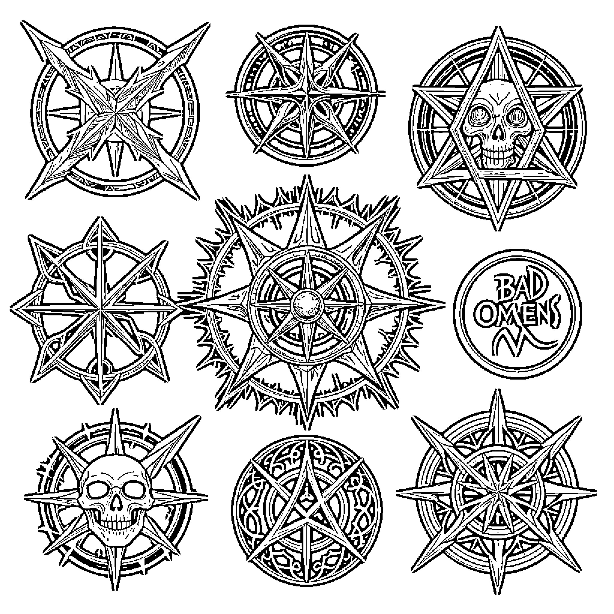 Symbol of Diverse Compass and Skull Designs Coloring Page (free black-and-white line drawing printable PDF for all, from beginners to advanced learners, including children, teens, adults, and seniors)