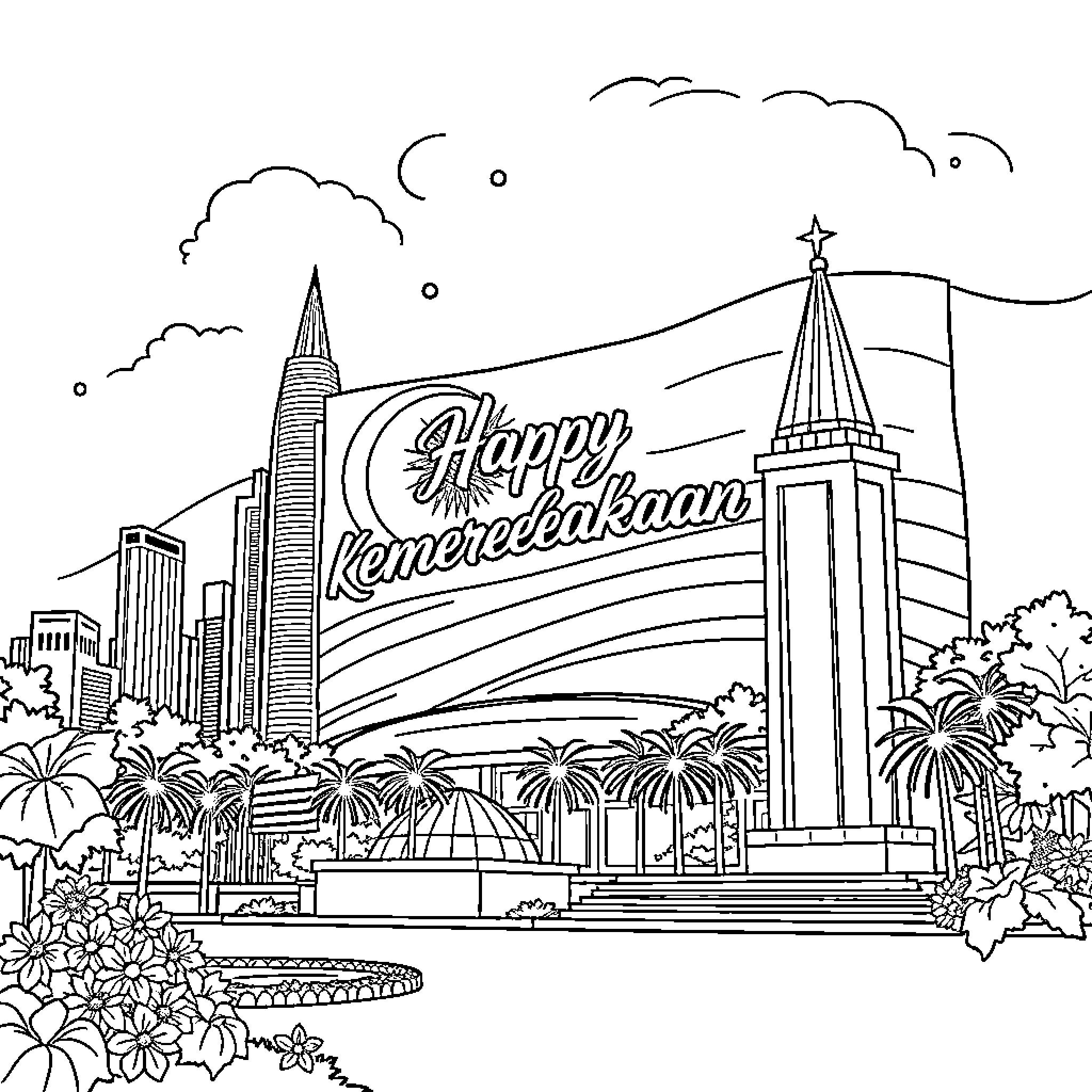 Malaysia's Vibrant Cityscape Celebrates Kemerdekaan Coloring Page (free black-and-white line drawing printable PDF for all, from beginners to advanced learners, including children, teens, adults, and seniors)