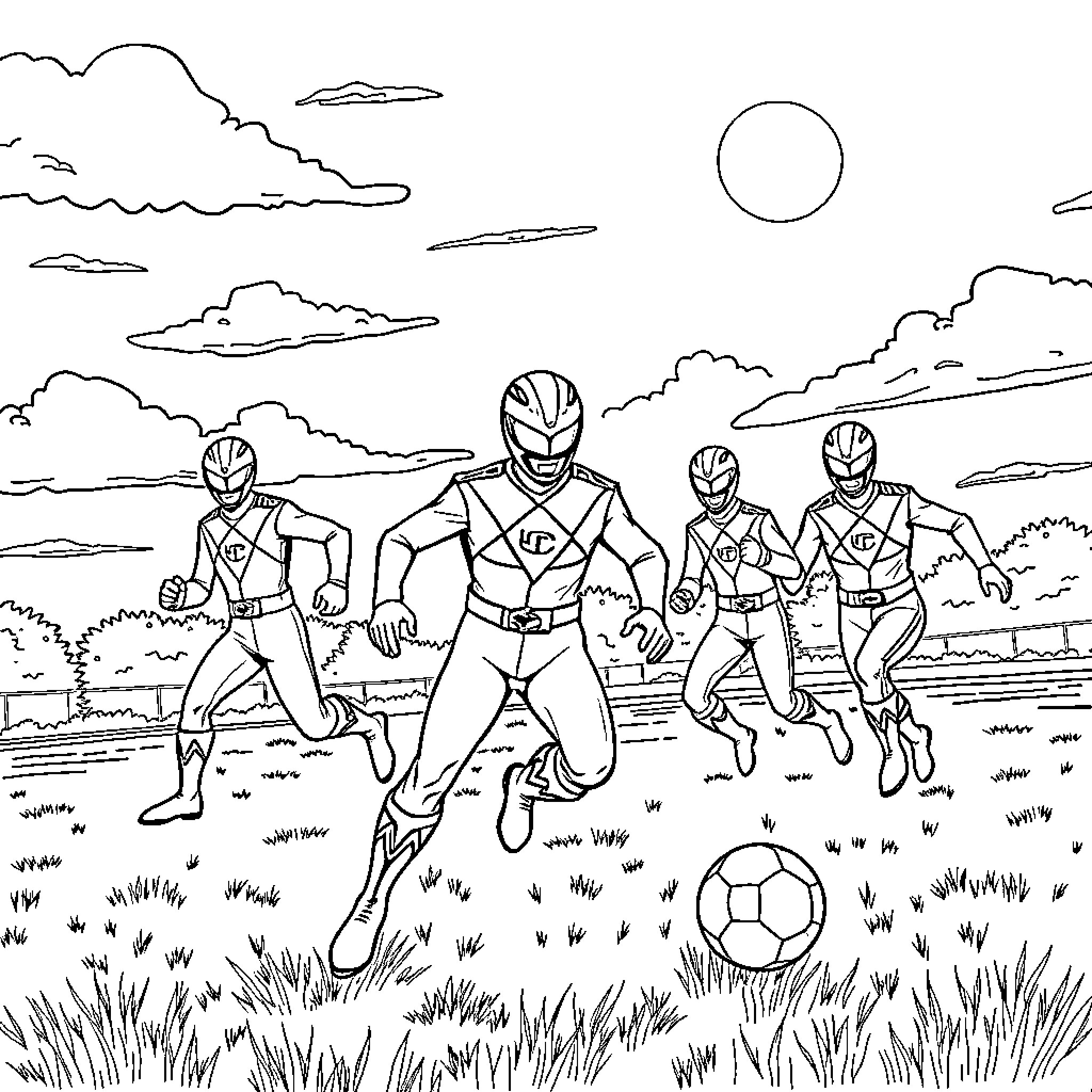 Power Rangers Heroic Team in Outdoor Adventure Coloring Page (free black-and-white line drawing printable PDF for all, from beginners to advanced learners, including children, teens, adults, and seniors)