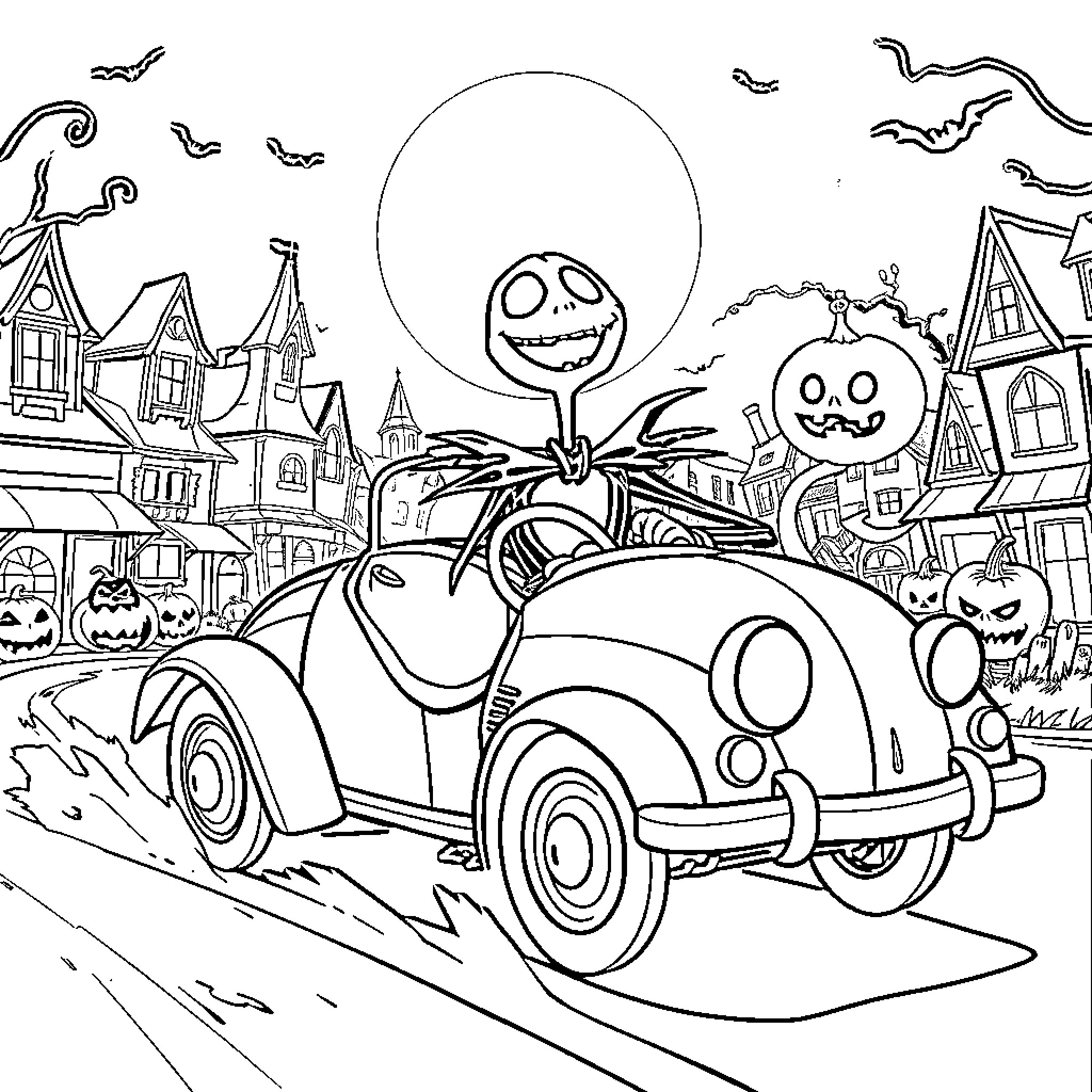 Jack Skeleton driving a car in a spooky Halloween town Coloring Page (free black-and-white line drawing printable PDF for all, from beginners to advanced learners, including children, teens, adults, and seniors)
