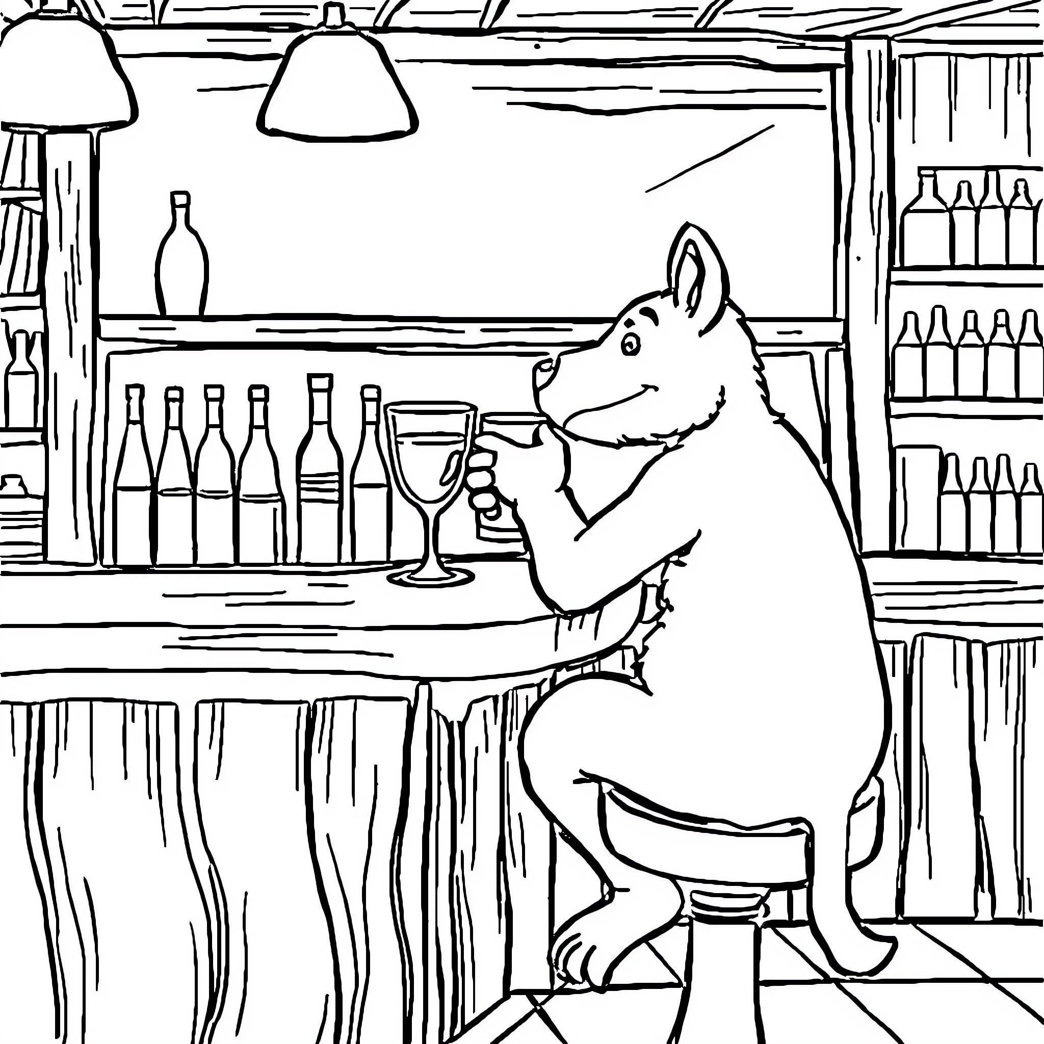 Castor enjoying a drink at the bar Coloring Page (free black-and-white line drawing printable PDF for all, from beginners to advanced learners, including children, teens, adults, and seniors)