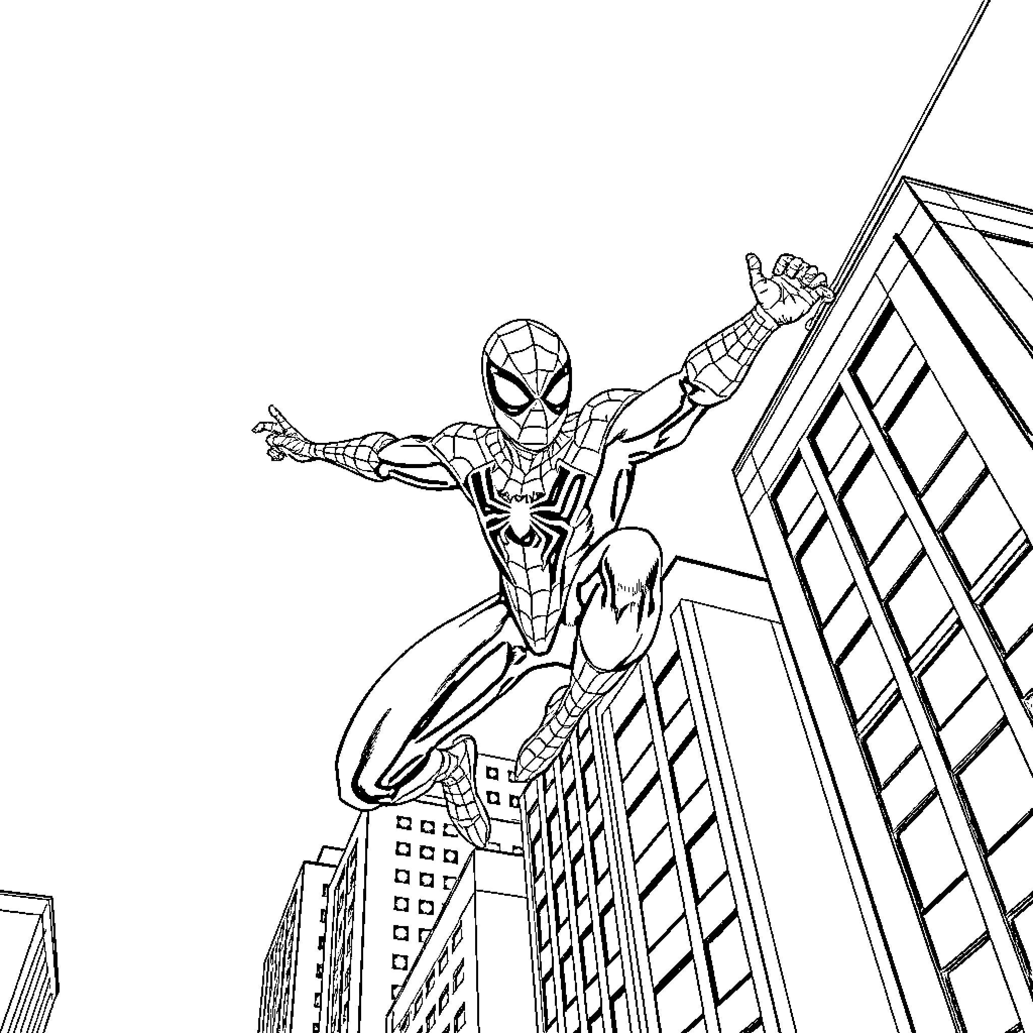 Spider-Man swinging heroically through the city Coloring Page (free black-and-white line drawing printable PDF for all, from beginners to advanced learners, including children, teens, adults, and seniors)