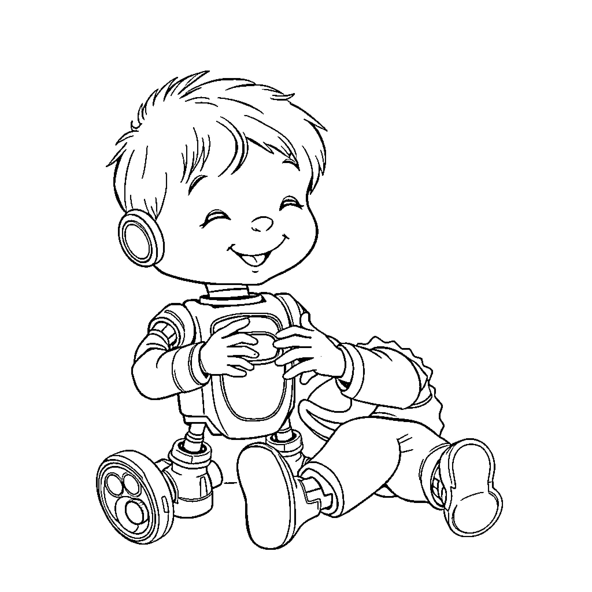 Child playing with toys happily Coloring Page (free black-and-white line drawing printable PDF for all, from beginners to advanced learners, including children, teens, adults, and seniors)