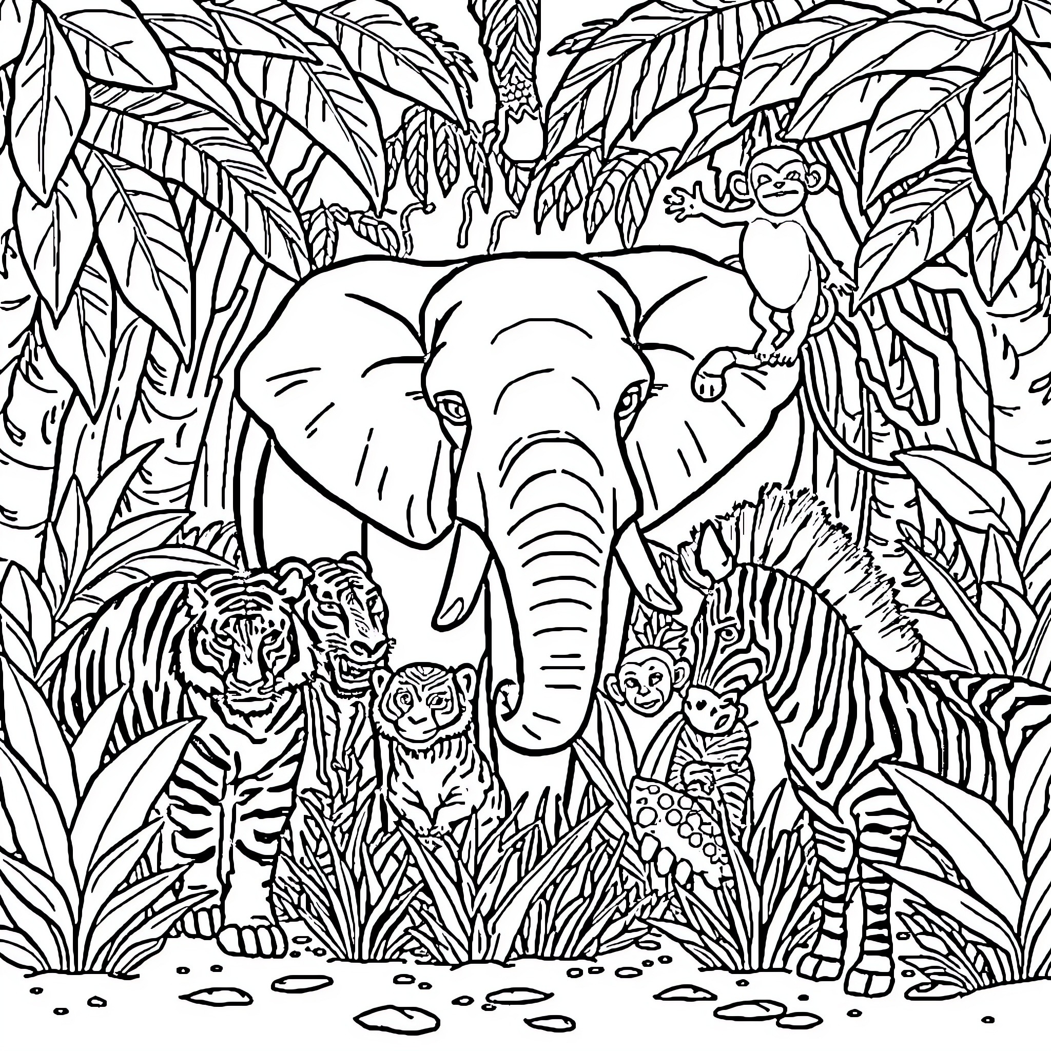 Animal adventure in the lush jungle Coloring Page (free black-and-white line drawing printable PDF for all, from beginners to advanced learners, including children, teens, adults, and seniors)