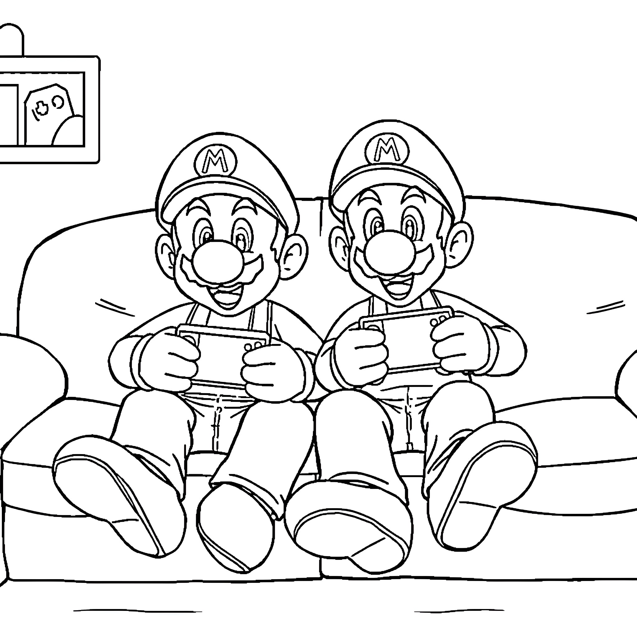 Mario and Luigi playing video games together Coloring Page (free black-and-white line drawing printable PDF for all, from beginners to advanced learners, including children, teens, adults, and seniors)