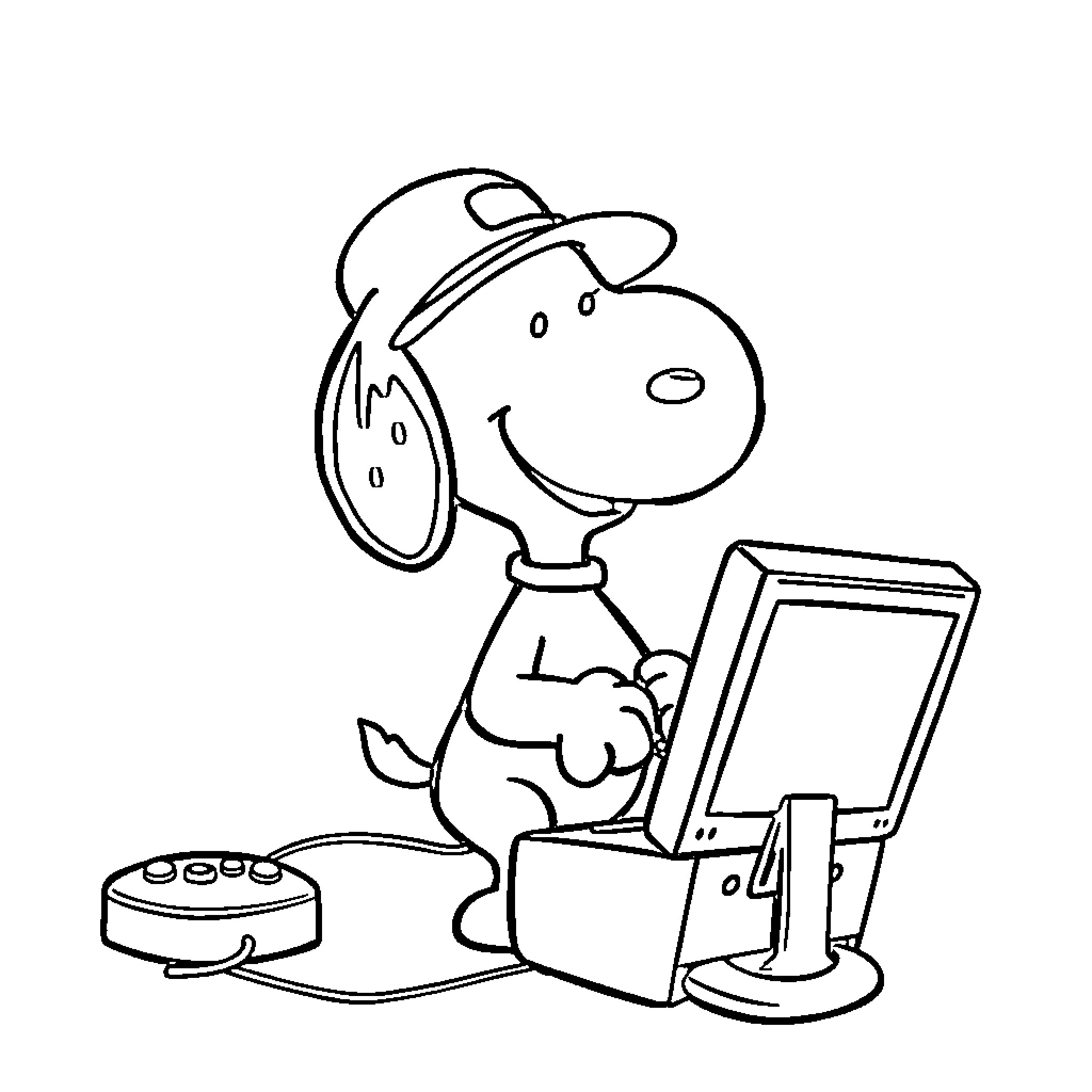 Snoopy using computer and listening to music Coloring Page (free black-and-white line drawing printable PDF for all, from beginners to advanced learners, including children, teens, adults, and seniors)