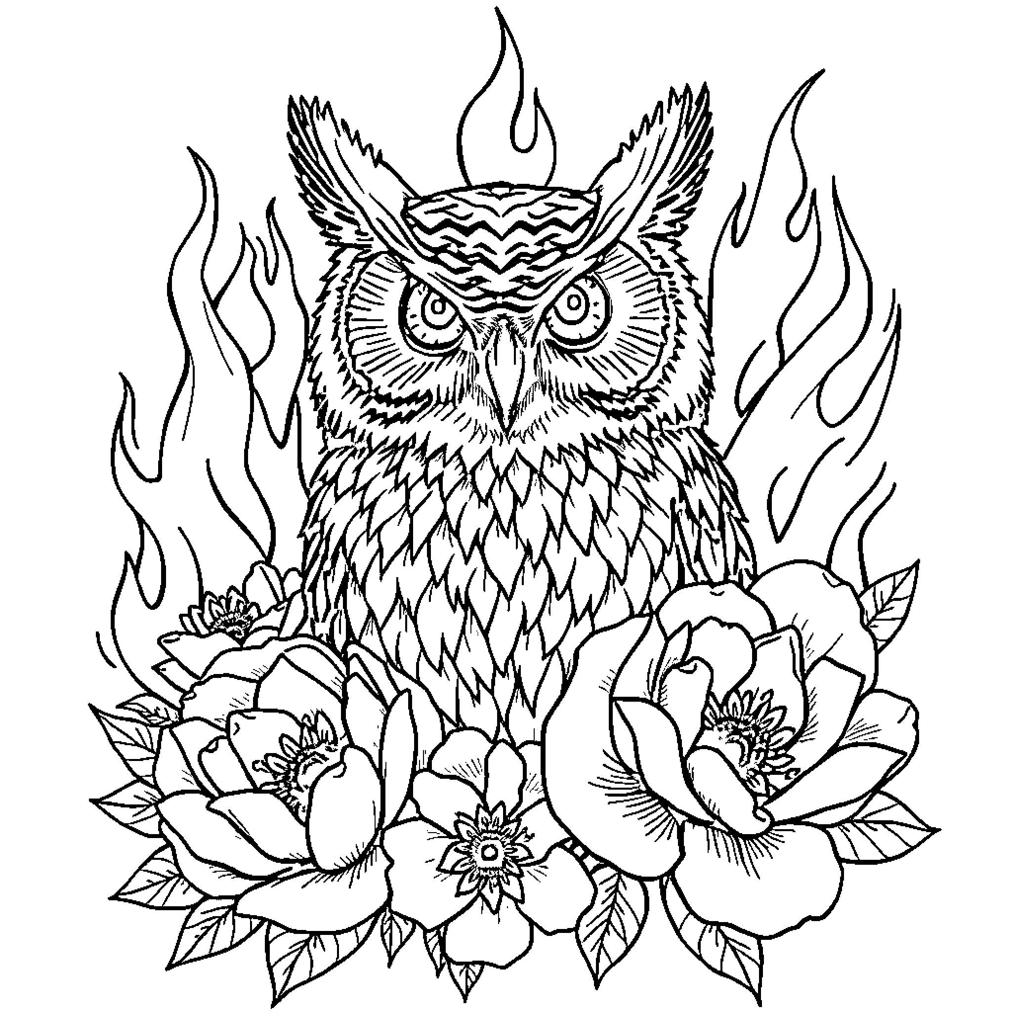 Owl with Fiery Expression Amid Floral Backdrop Coloring Page (free black-and-white line drawing printable PDF for all, from beginners to advanced learners, including children, teens, adults, and seniors)