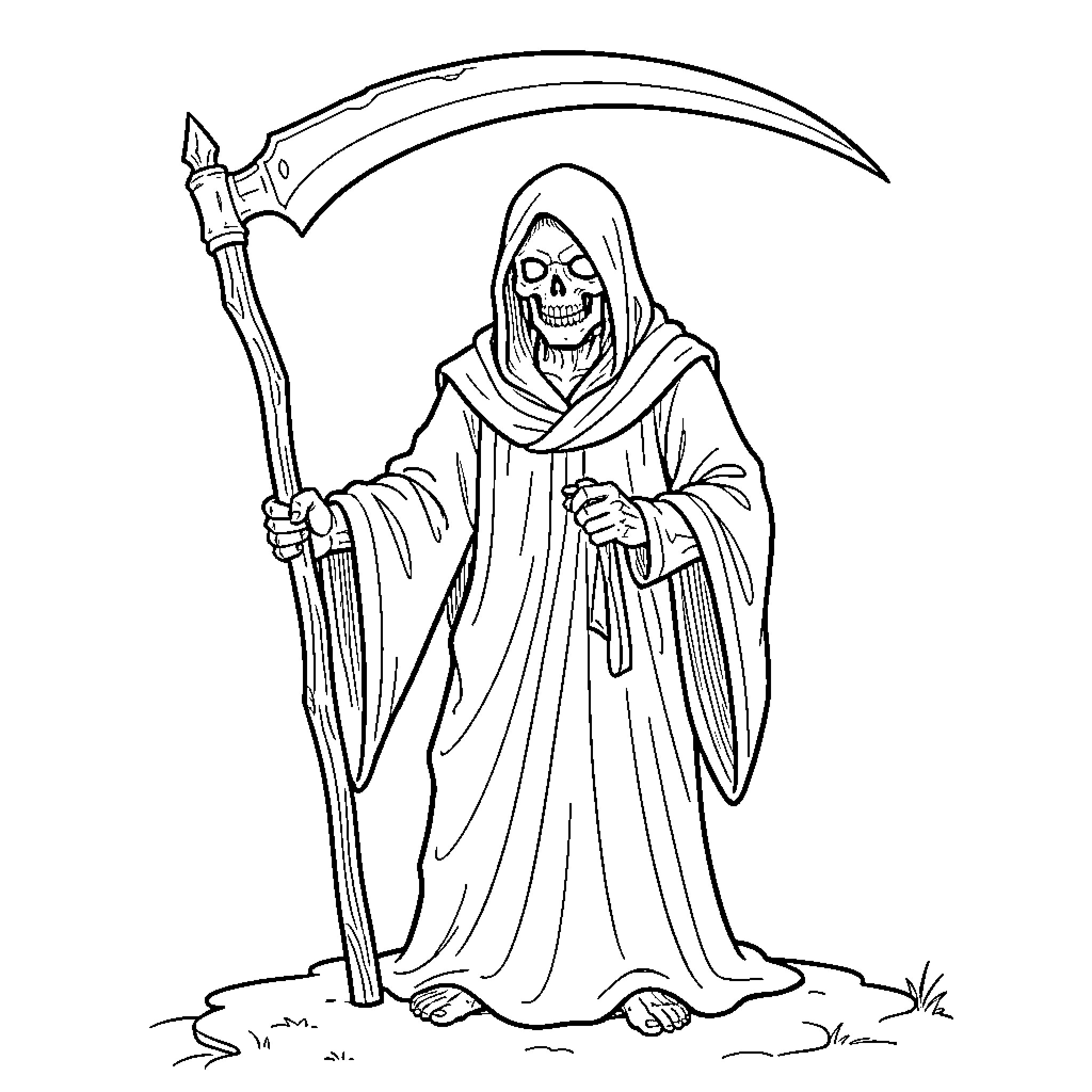 Reaper standing tall while holding a large scythe Coloring Page (free black-and-white line drawing printable PDF for all, from beginners to advanced learners, including children, teens, adults, and seniors)