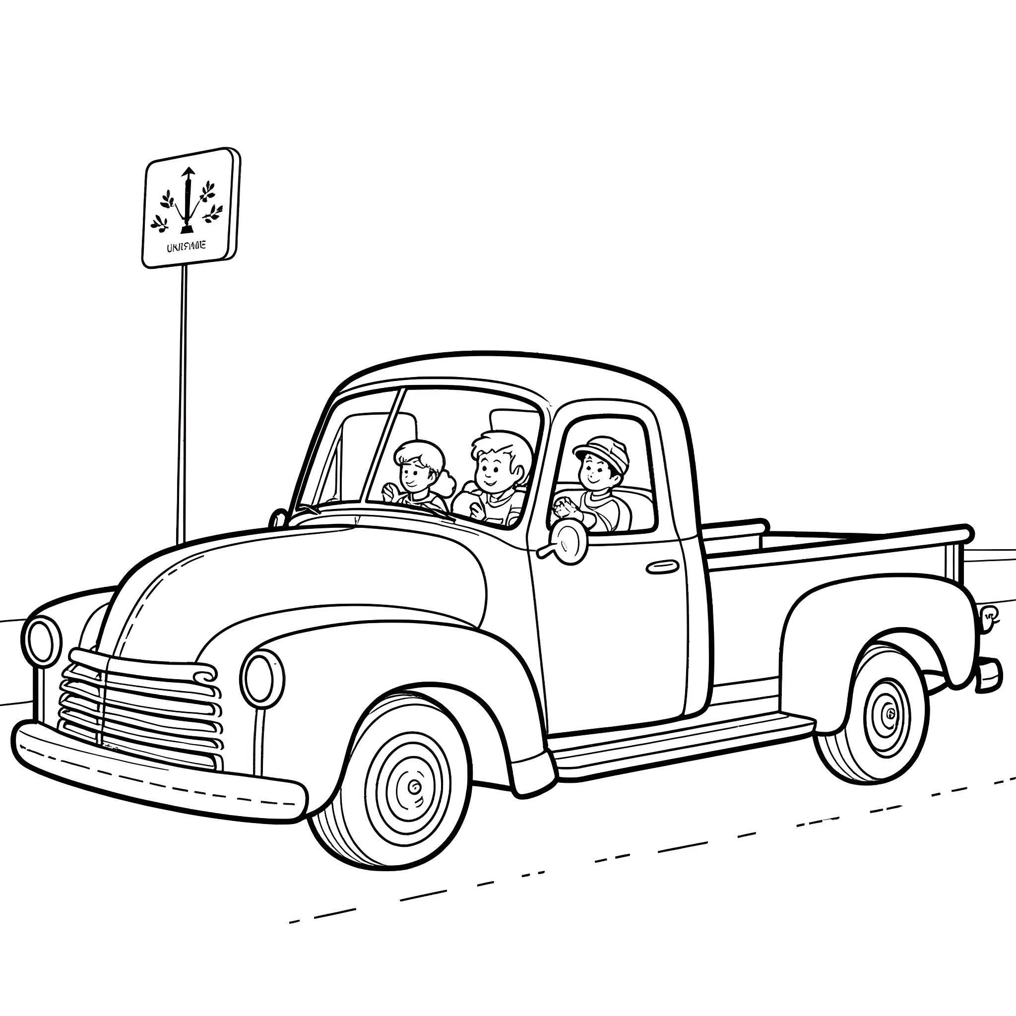 Pickup Truck Transporting People in the City Coloring Page (free black-and-white line drawing printable PDF for all, from beginners to advanced learners, including children, teens, adults, and seniors)