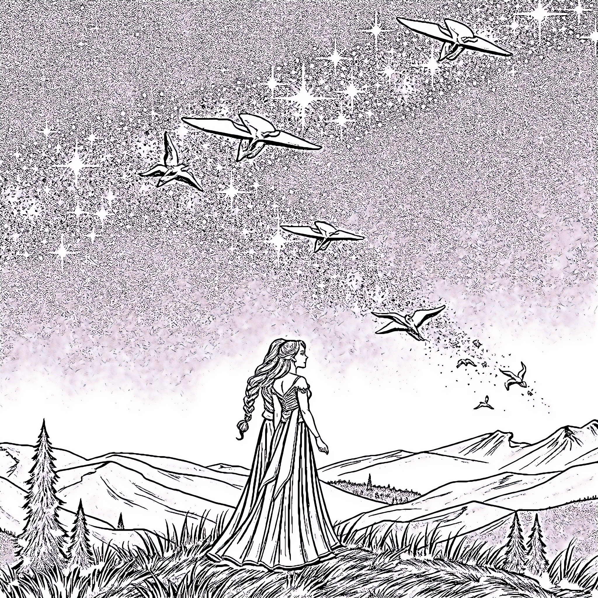 Feyra's Enchanting Journey Among the Celestial Beings Coloring Page (free black-and-white line drawing printable PDF for all, from beginners to advanced learners, including children, teens, adults, and seniors)