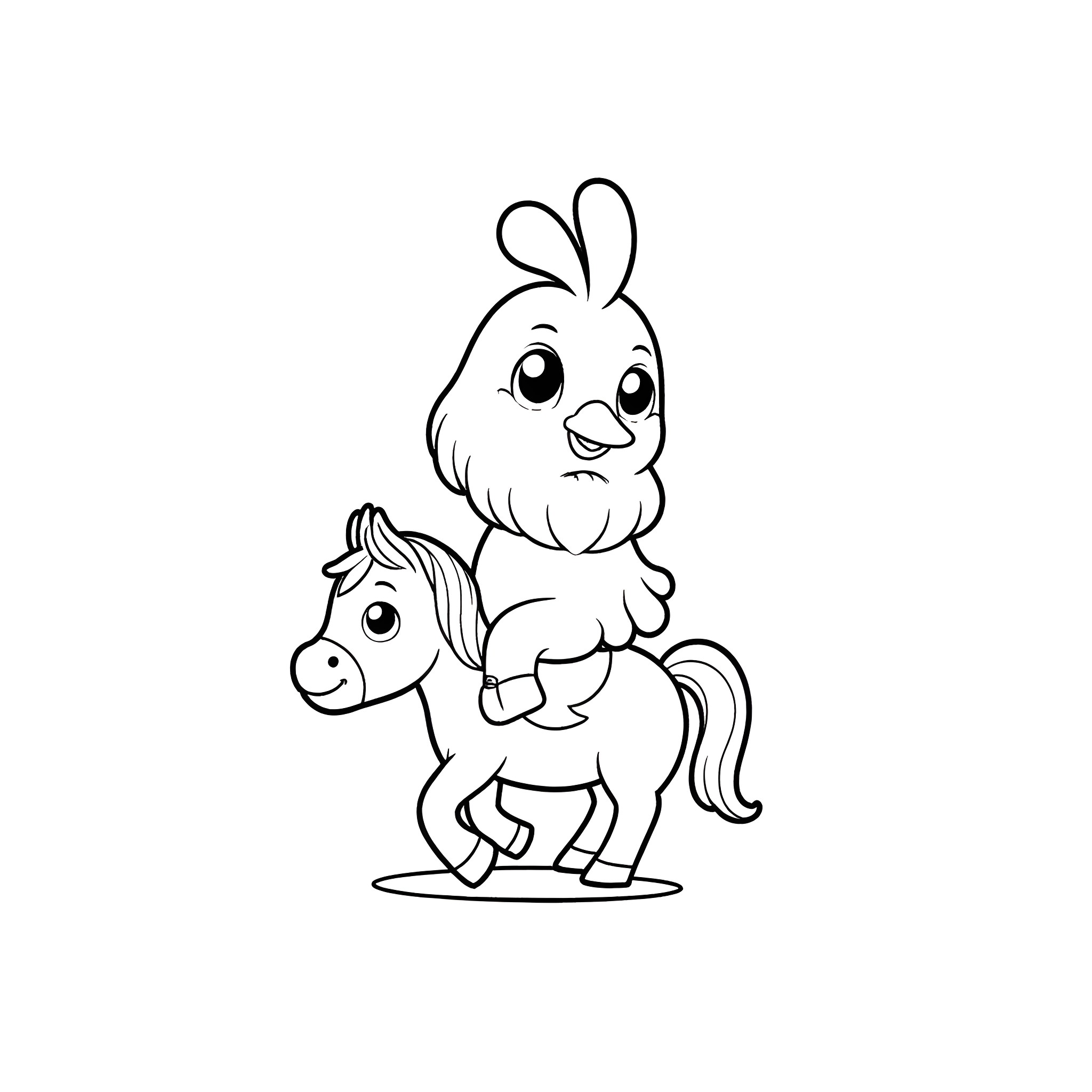 Chicken riding on a pony Coloring Page (free black-and-white line drawing printable PDF for all, from beginners to advanced learners, including children, teens, adults, and seniors)