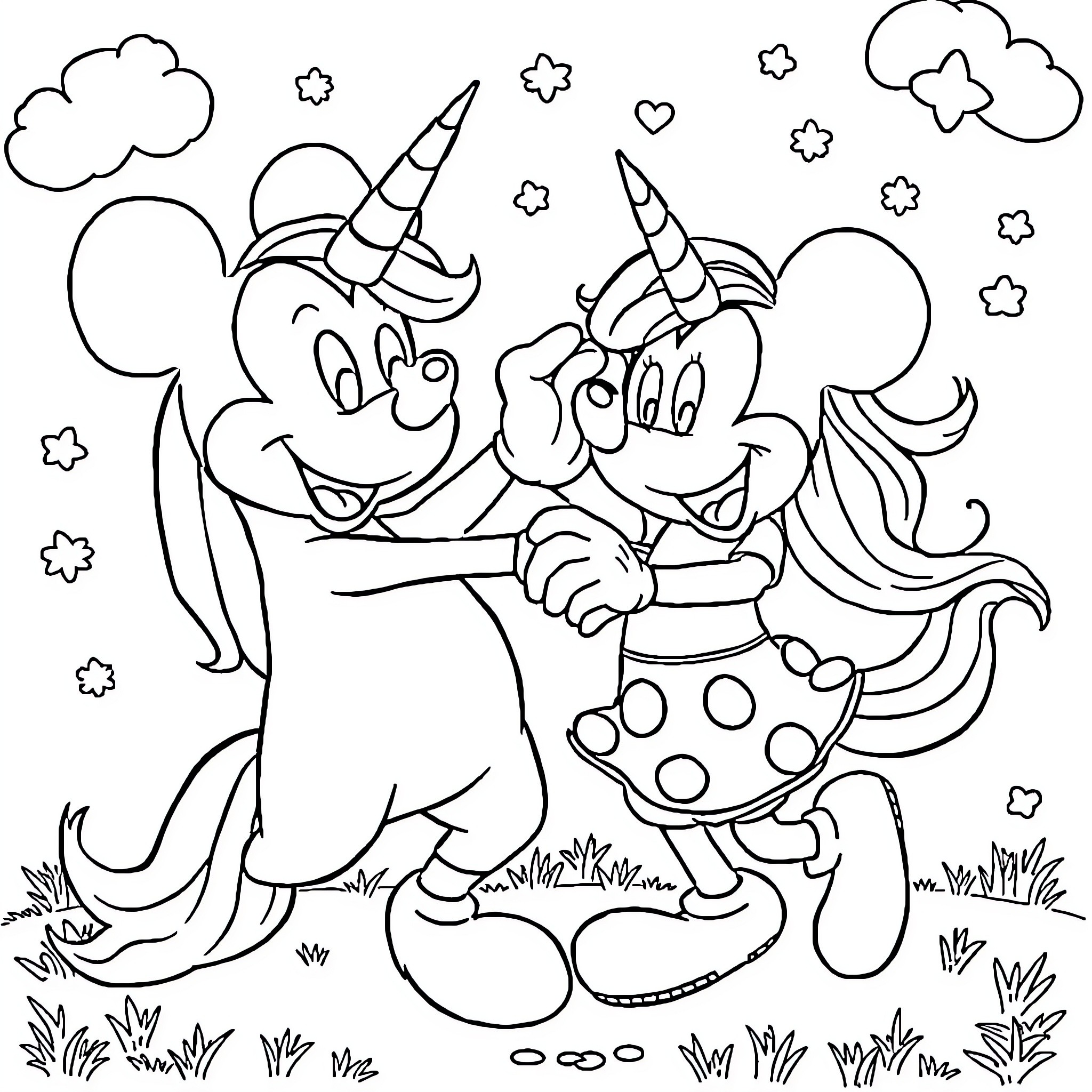 Unicorn friends dancing joyfully in a magical field Coloring Page (free black-and-white line drawing printable PDF for all, from beginners to advanced learners, including children, teens, adults, and seniors)