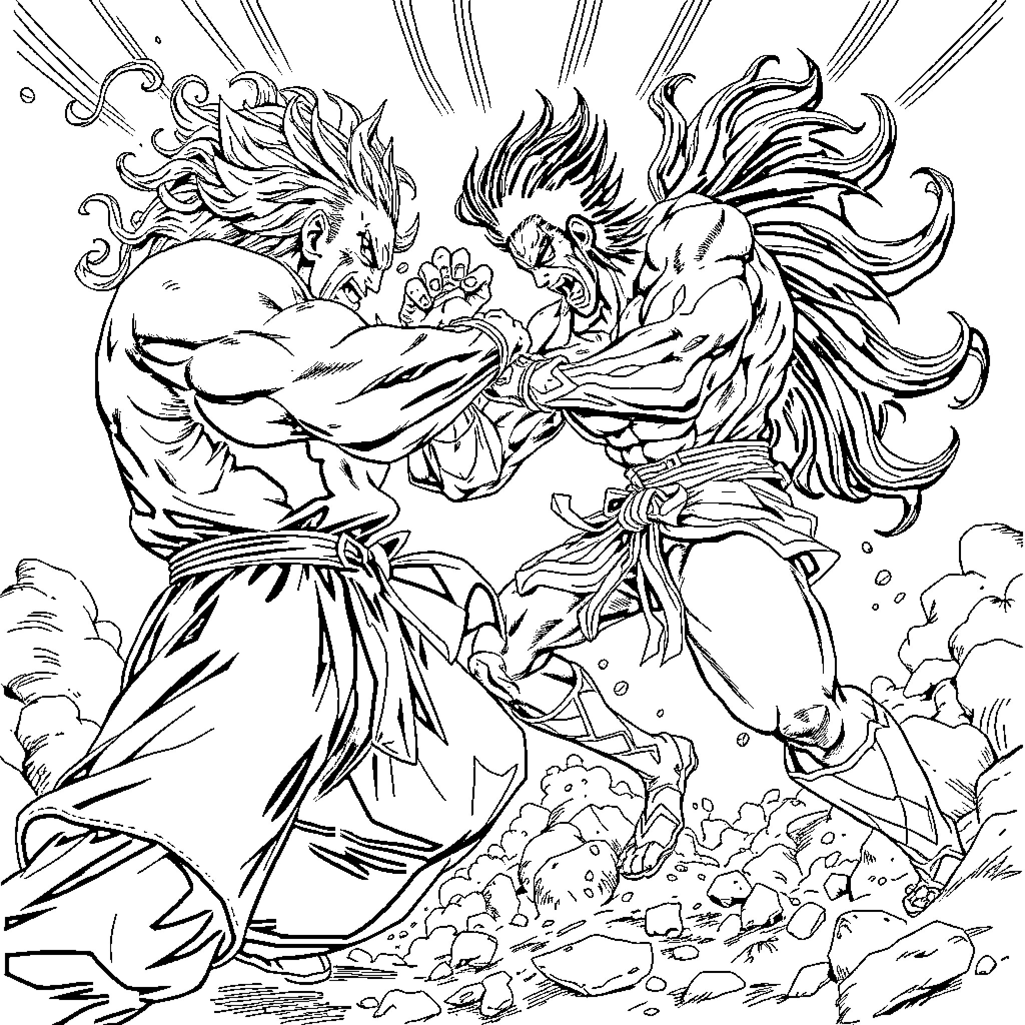 Gojo's epic battle against a fierce opponent Coloring Page (free black-and-white line drawing printable PDF for all, from beginners to advanced learners, including children, teens, adults, and seniors)