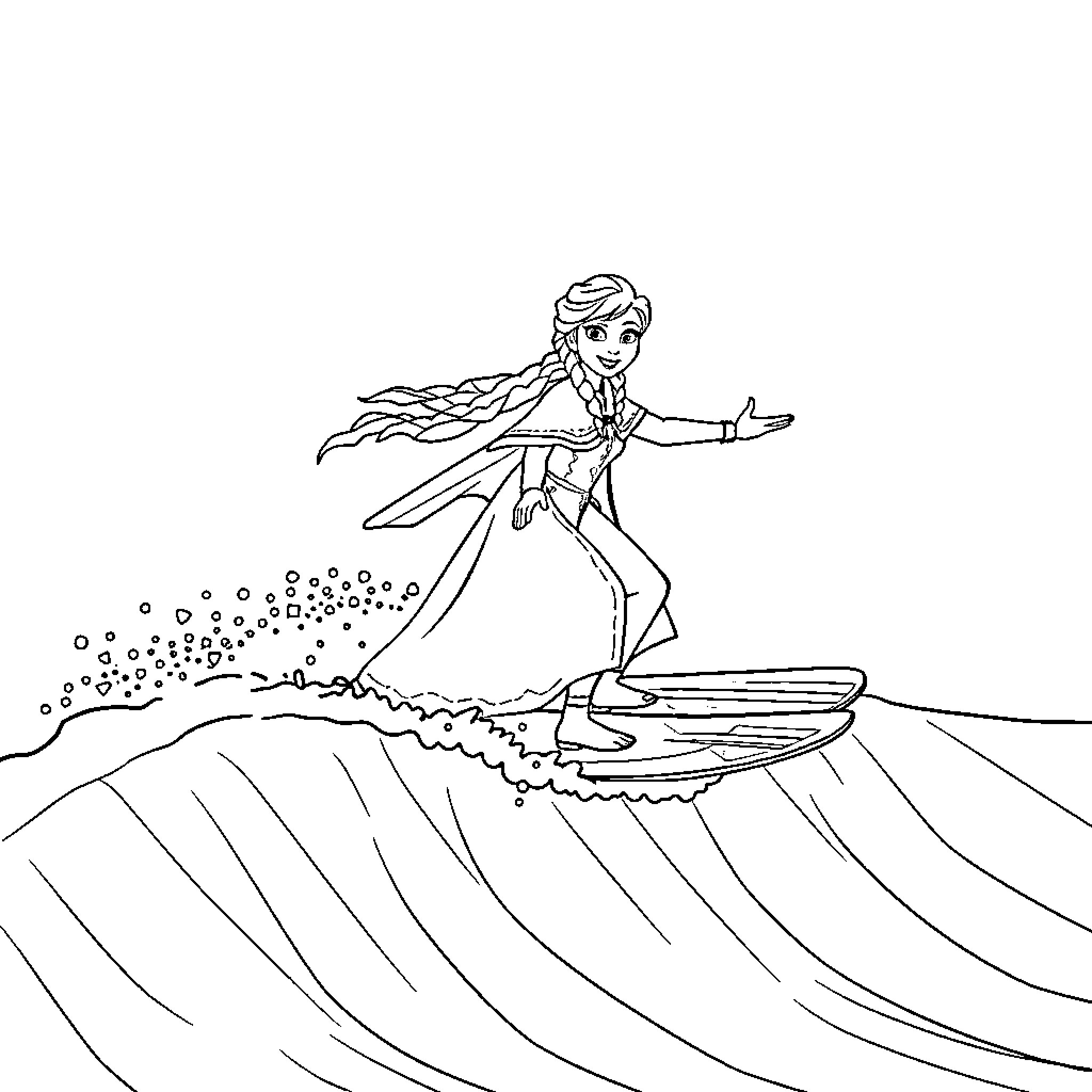 Anna and Elsa surfing the magical waves Coloring Page (free black-and-white line drawing printable PDF for all, from beginners to advanced learners, including children, teens, adults, and seniors)