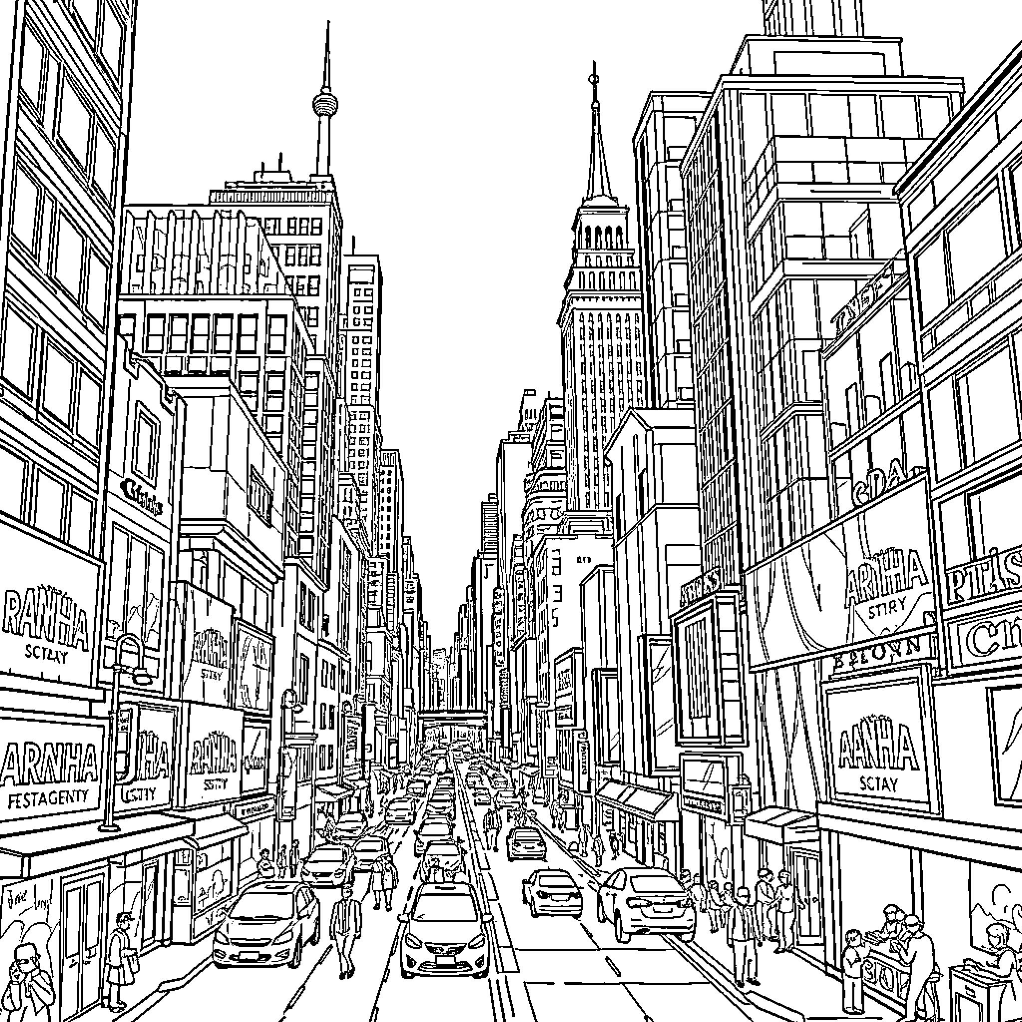 Spider-Like Skyscrapers Loom Over Busy City Streets Coloring Page (free black-and-white line drawing printable PDF for all, from beginners to advanced learners, including children, teens, adults, and seniors)