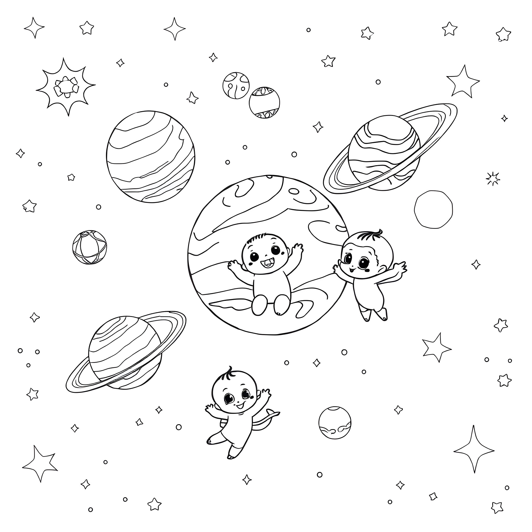 Riki's Cosmic Adventure Coloring Page (free black-and-white line drawing printable PDF for all, from beginners to advanced learners, including children, teens, adults, and seniors)