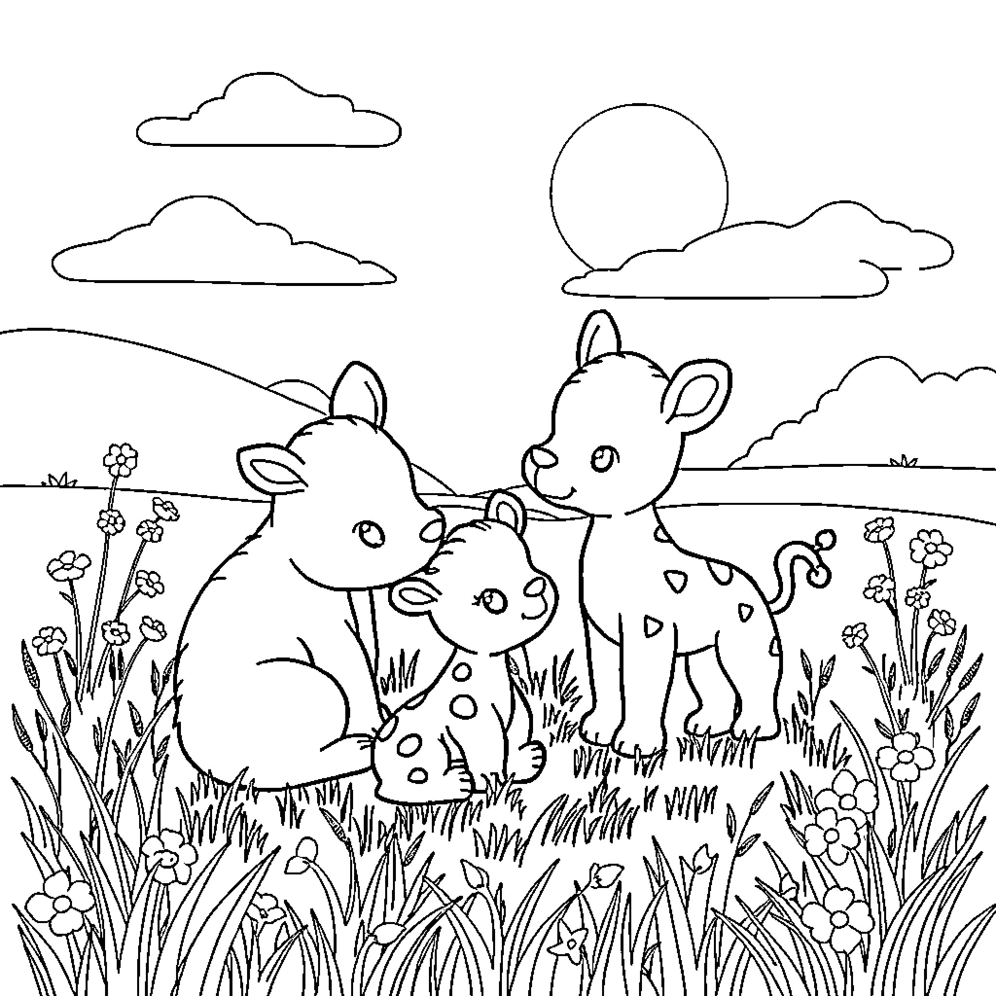 Baby Animal Friends in Nature Coloring Page (free black-and-white line drawing printable PDF for all, from beginners to advanced learners, including children, teens, adults, and seniors)