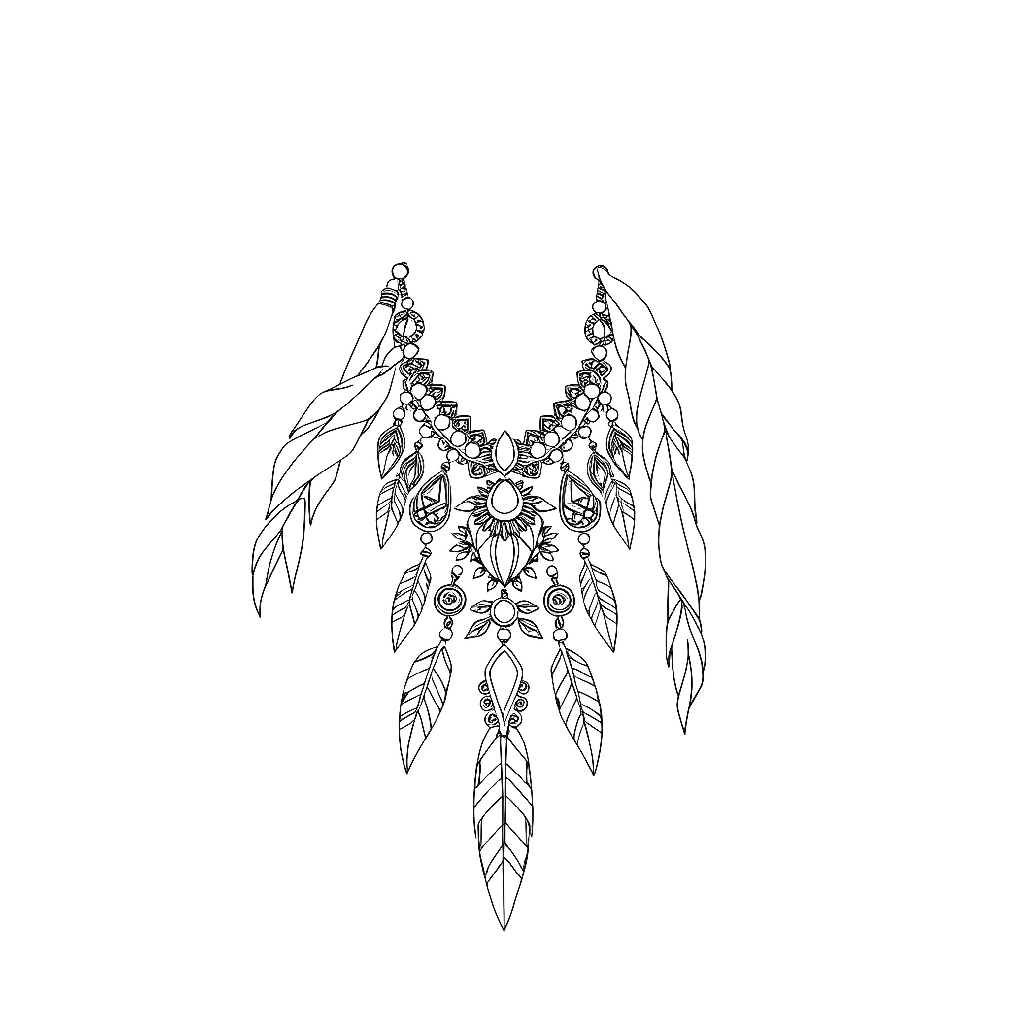 Pocahontas inspired ornate feather headdress Coloring Page (free black-and-white line drawing printable PDF for all, from beginners to advanced learners, including children, teens, adults, and seniors)