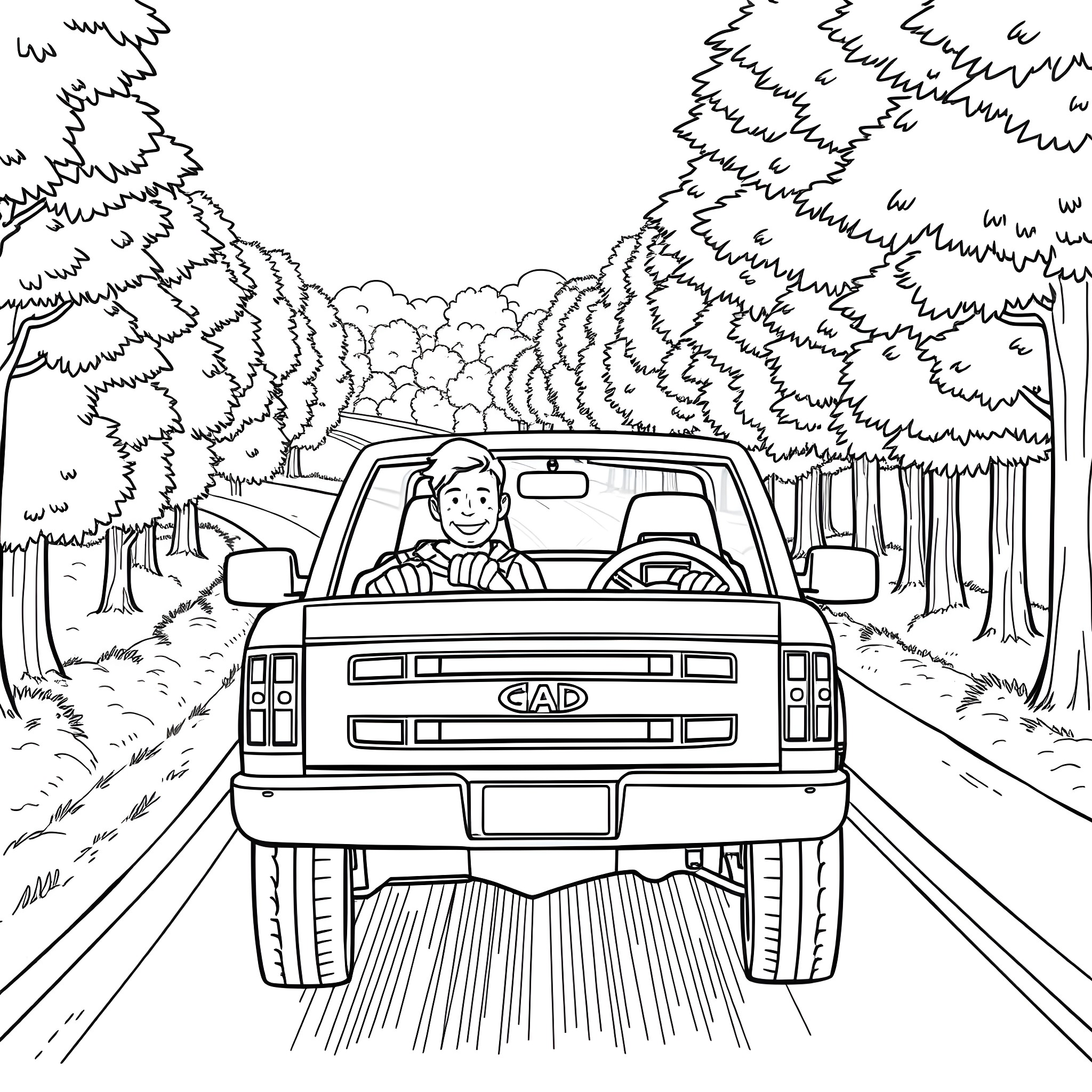 Dad driving pickup truck through the forest Coloring Page (free black-and-white line drawing printable PDF for all, from beginners to advanced learners, including children, teens, adults, and seniors)