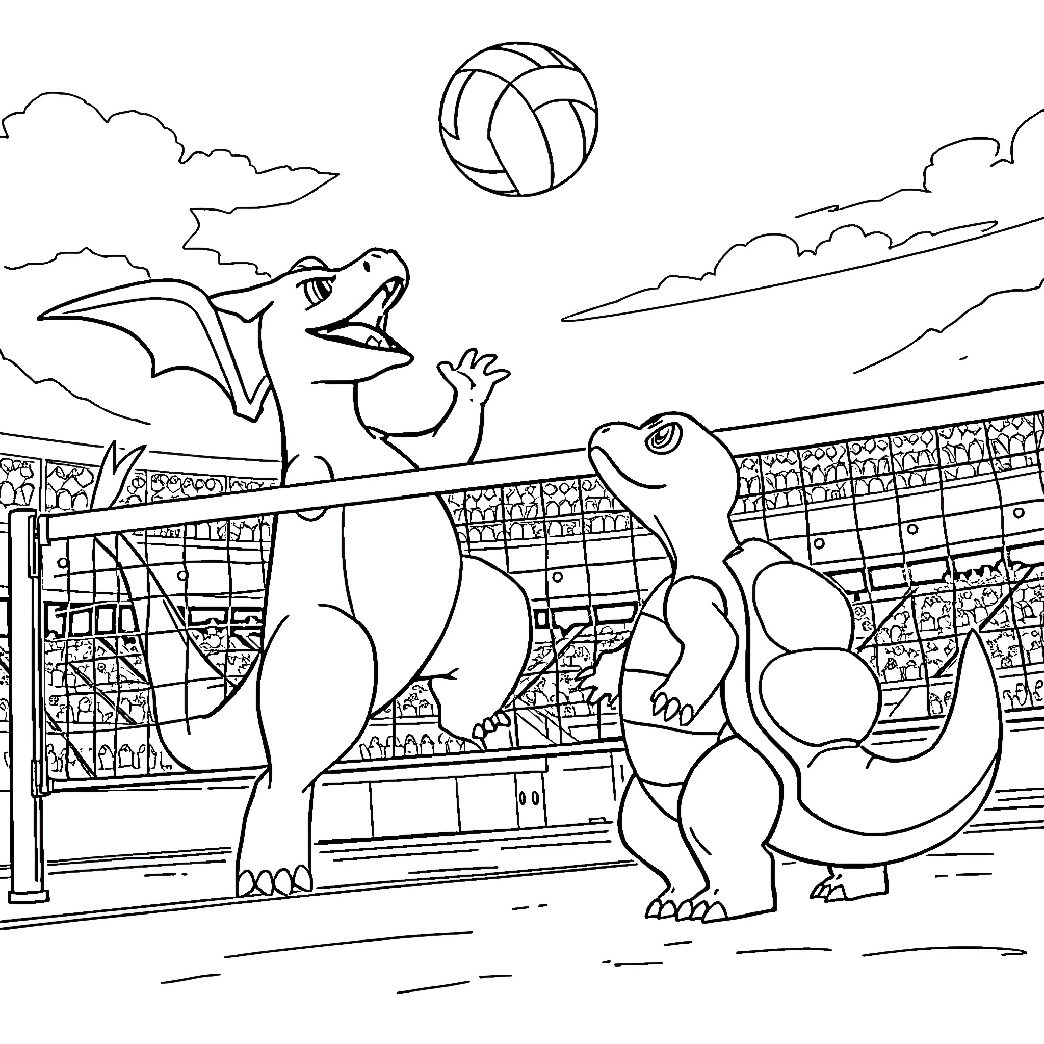 Charizard and Blastoise Playing Volleyball in the Stadium Coloring Page (free black-and-white line drawing printable PDF for all, from beginners to advanced learners, including children, teens, adults, and seniors)