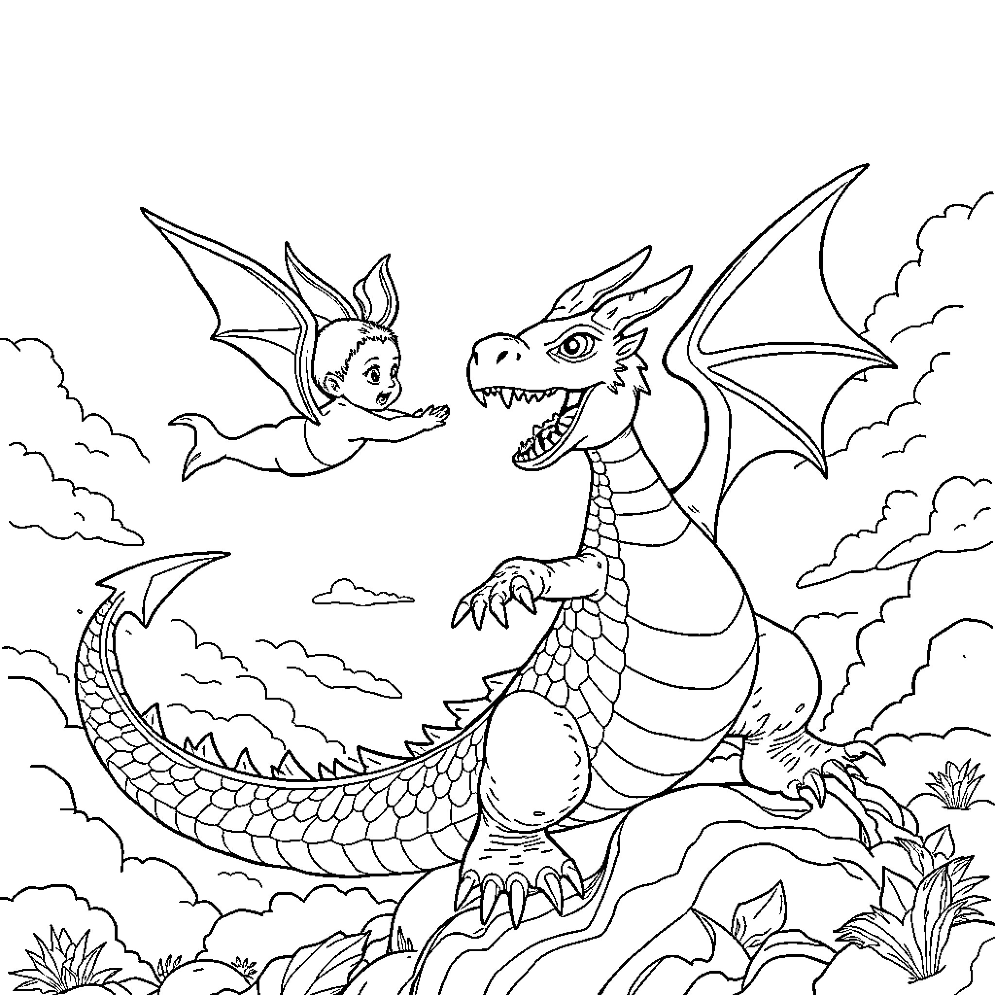 Dragon soaring through the sky with a fearsome expression Coloring Page (free black-and-white line drawing printable PDF for all, from beginners to advanced learners, including children, teens, adults, and seniors)