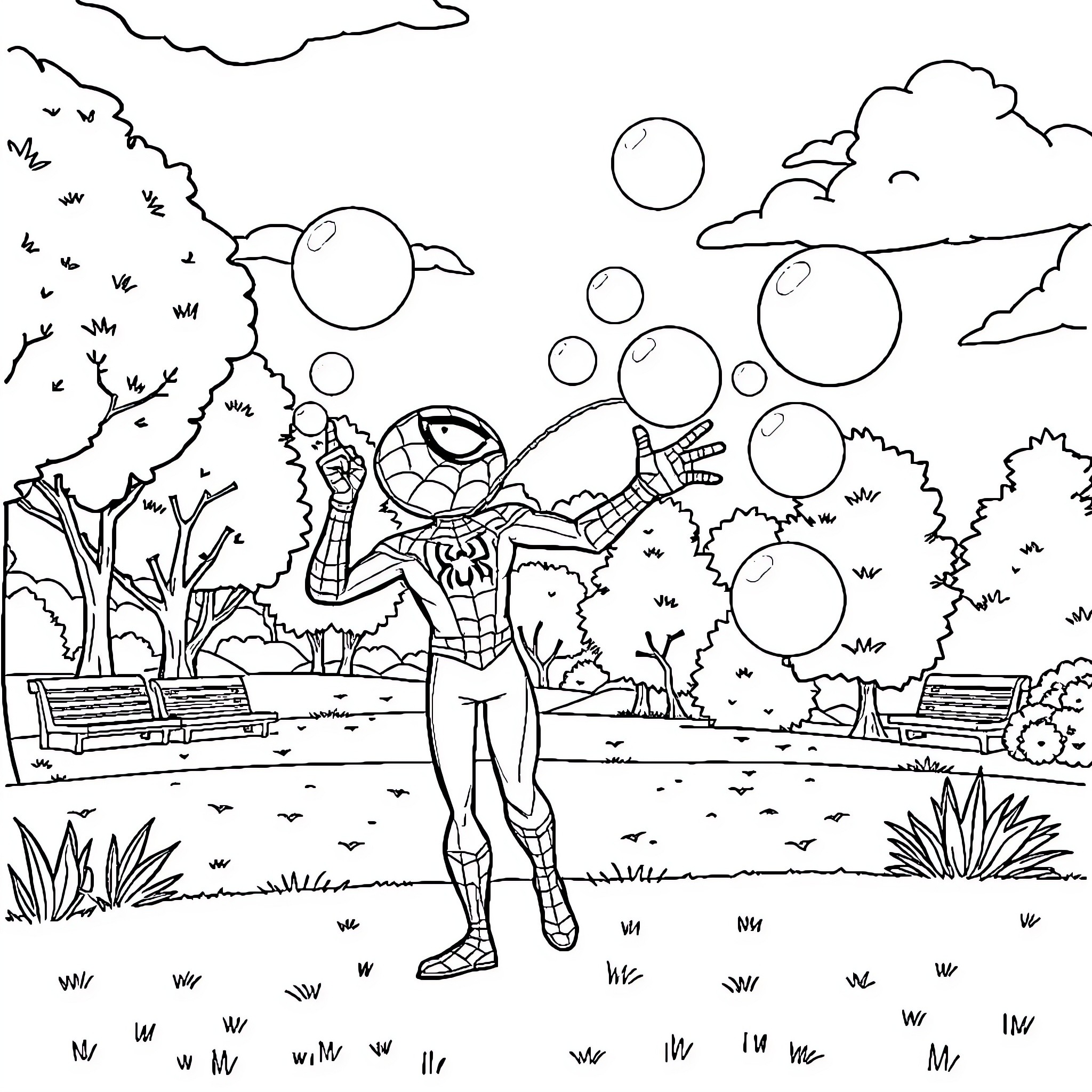 Spider-Man playing with bubbles in the park Coloring Page (free black-and-white line drawing printable PDF for all, from beginners to advanced learners, including children, teens, adults, and seniors)