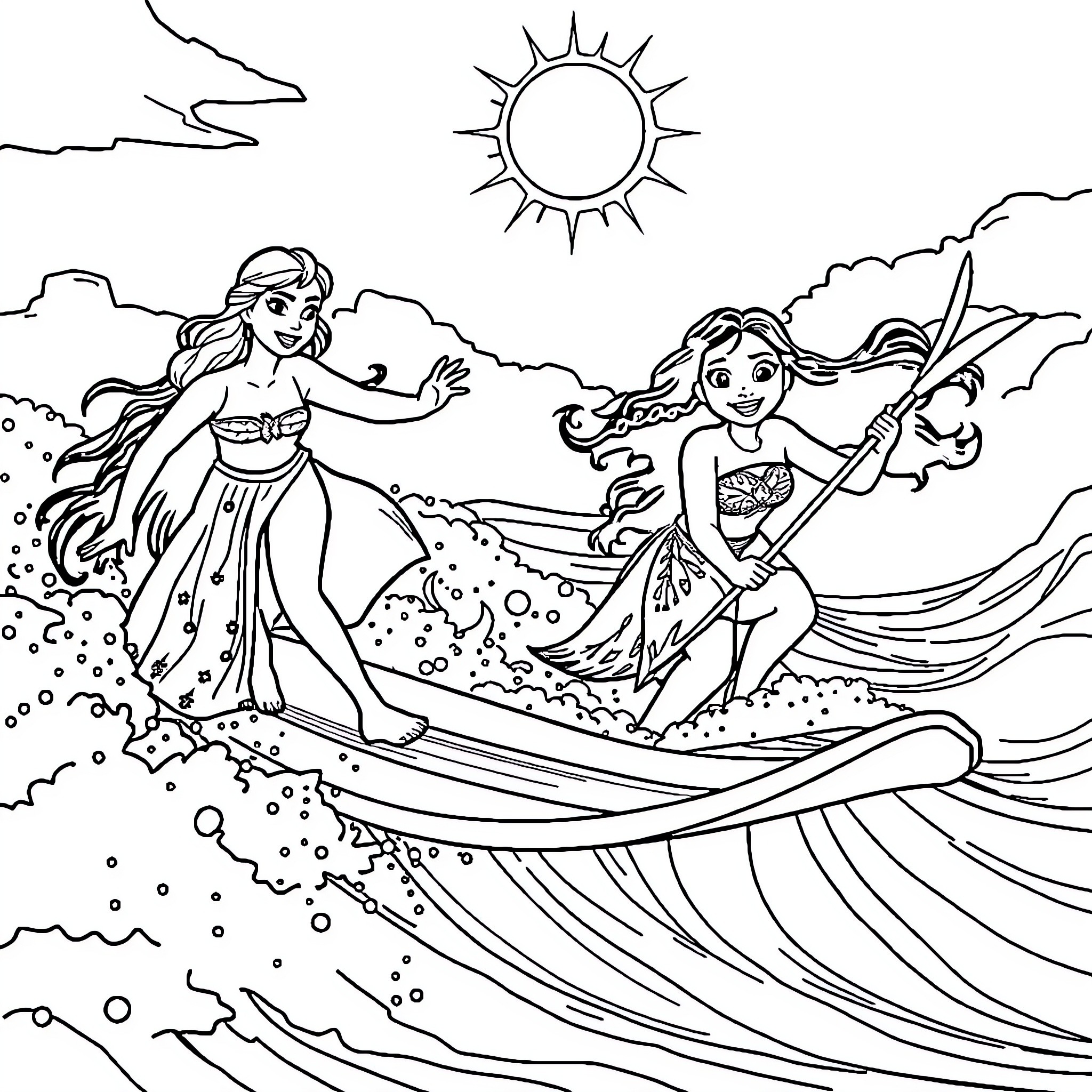 Elsa and Anna enjoying a sunny day on the ocean Coloring Page (free black-and-white line drawing printable PDF for all, from beginners to advanced learners, including children, teens, adults, and seniors)