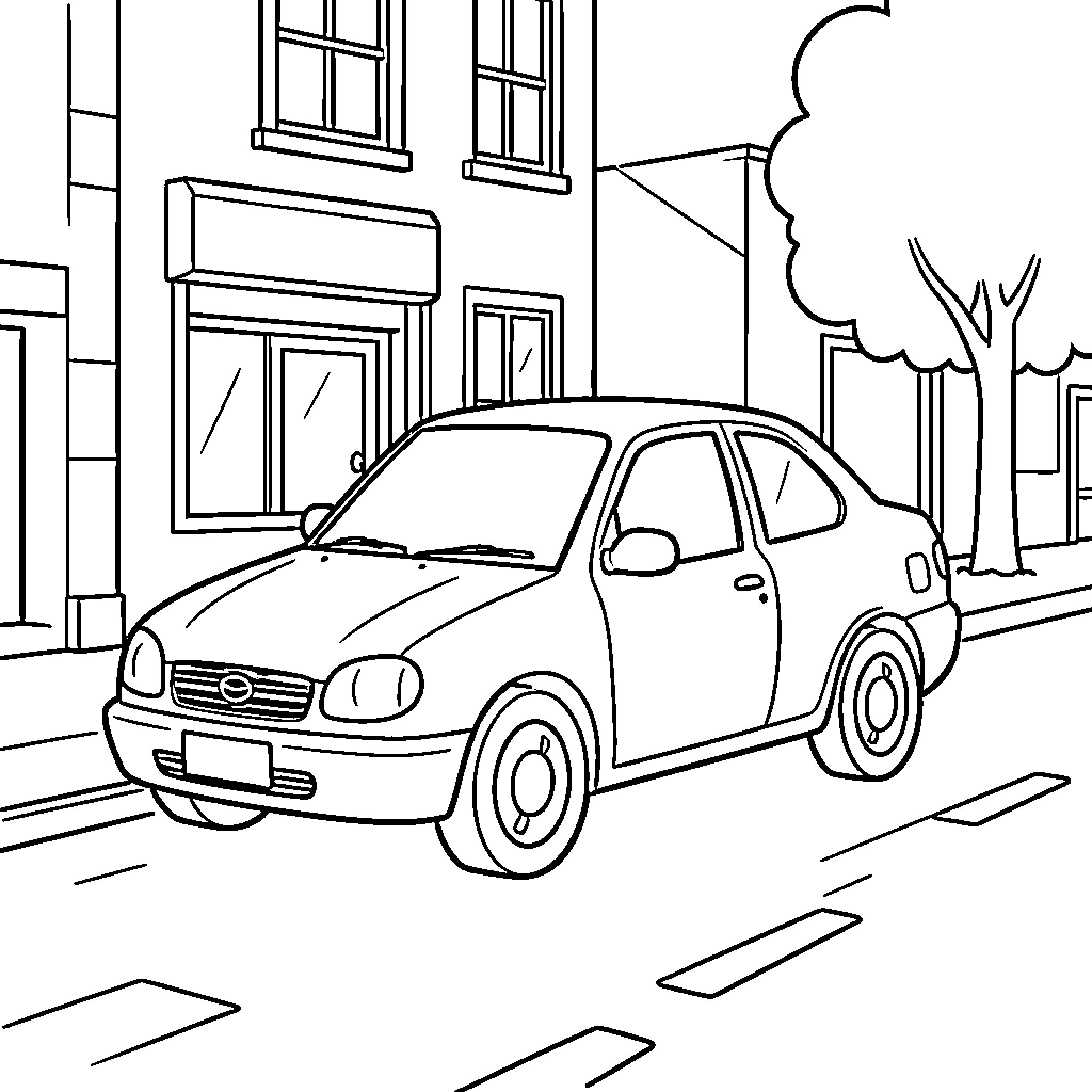 Car driving on a city street near buildings Coloring Page (free black-and-white line drawing printable PDF for all, from beginners to advanced learners, including children, teens, adults, and seniors)