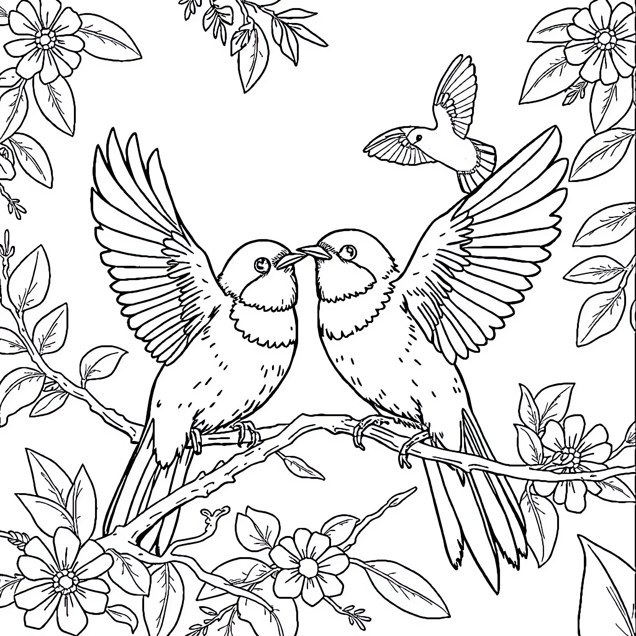 Title: Titillating Twosome: Birds in Blossoming Branches Coloring Page (free black-and-white line drawing printable PDF for all, from beginners to advanced learners, including children, teens, adults, and seniors)
