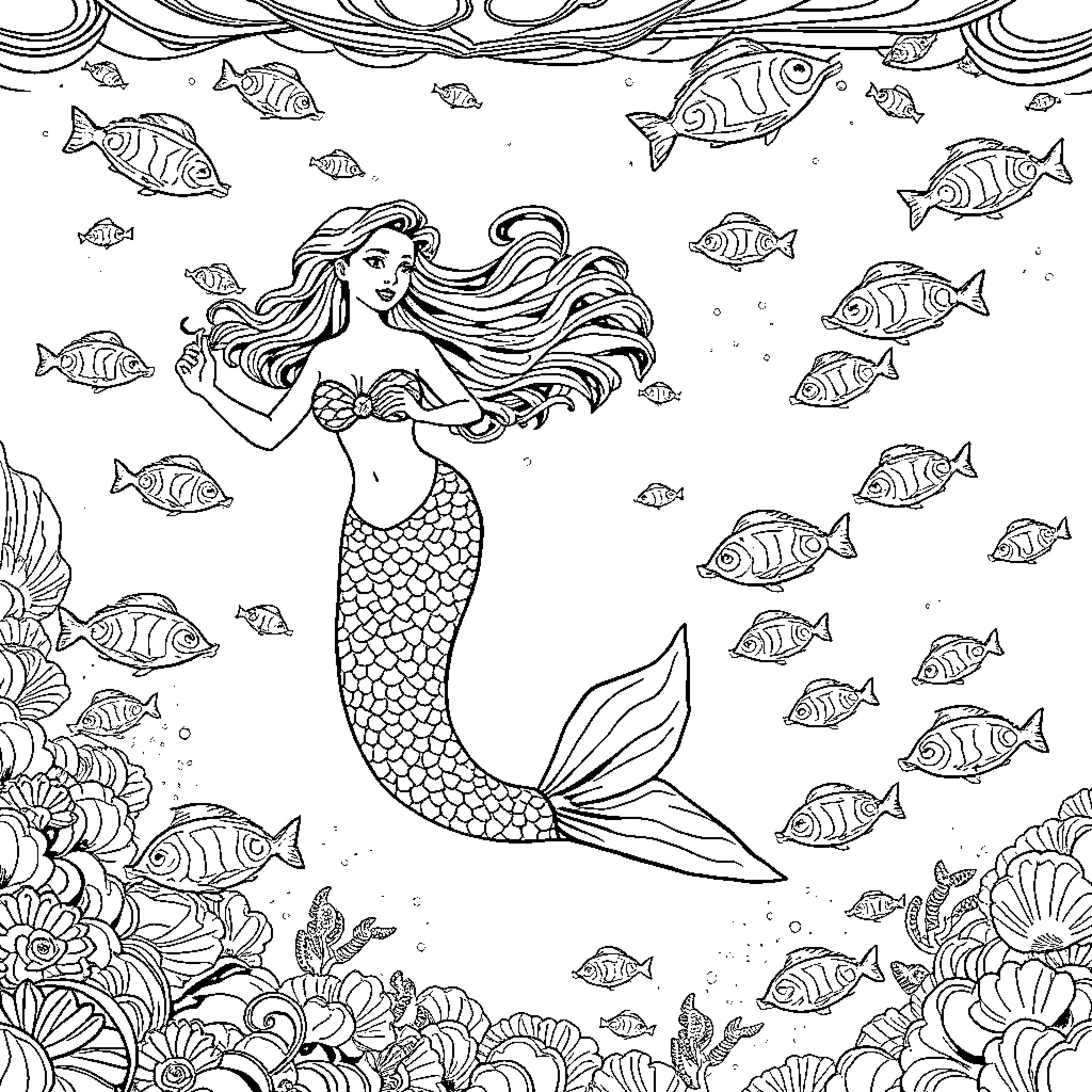 Mermaid swimming gracefully among vibrant sea creatures Coloring Page (free black-and-white line drawing printable PDF for all, from beginners to advanced learners, including children, teens, adults, and seniors)