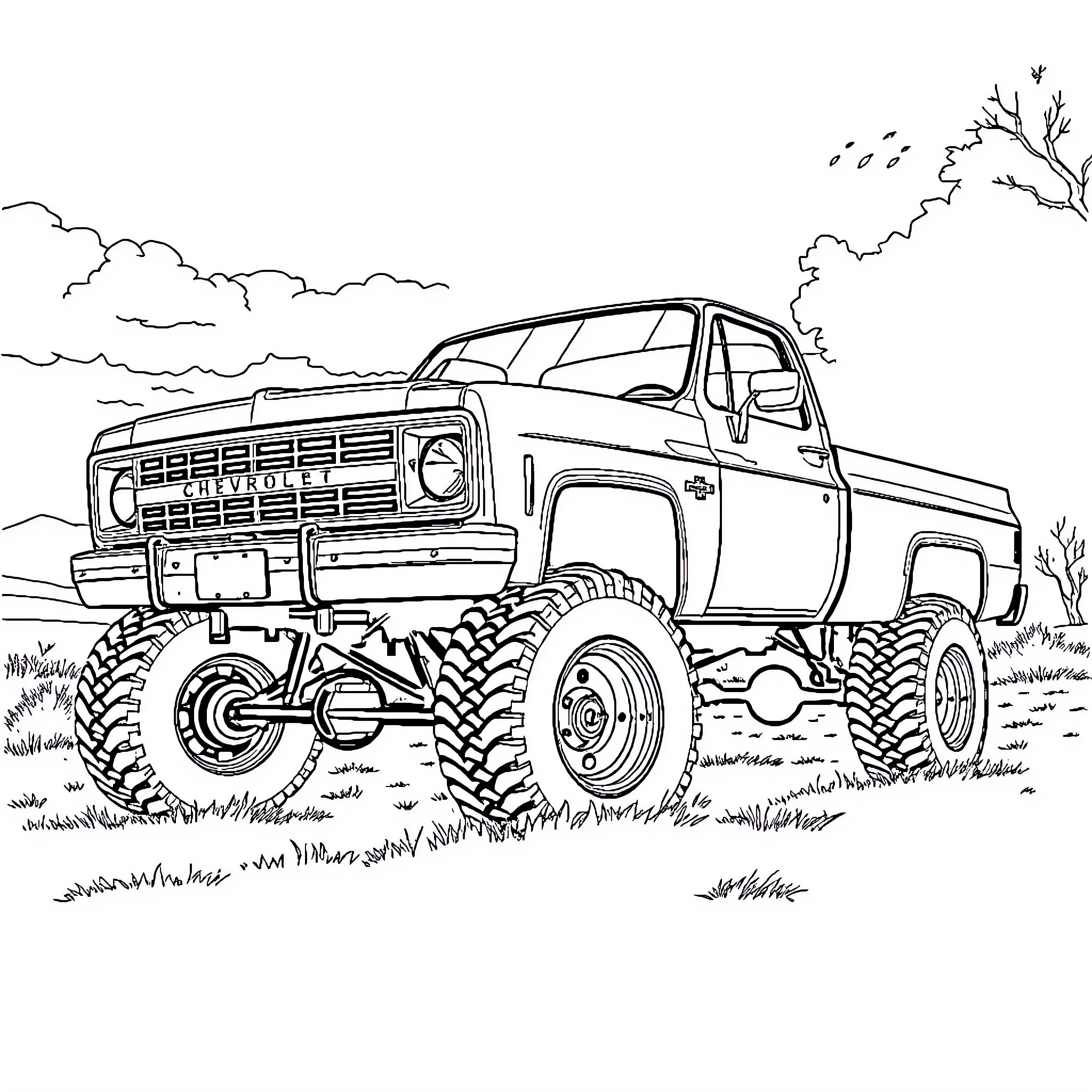 Chevy Truck Navigating Rugged Terrain Coloring Page (free black-and-white line drawing printable PDF for all, from beginners to advanced learners, including children, teens, adults, and seniors)