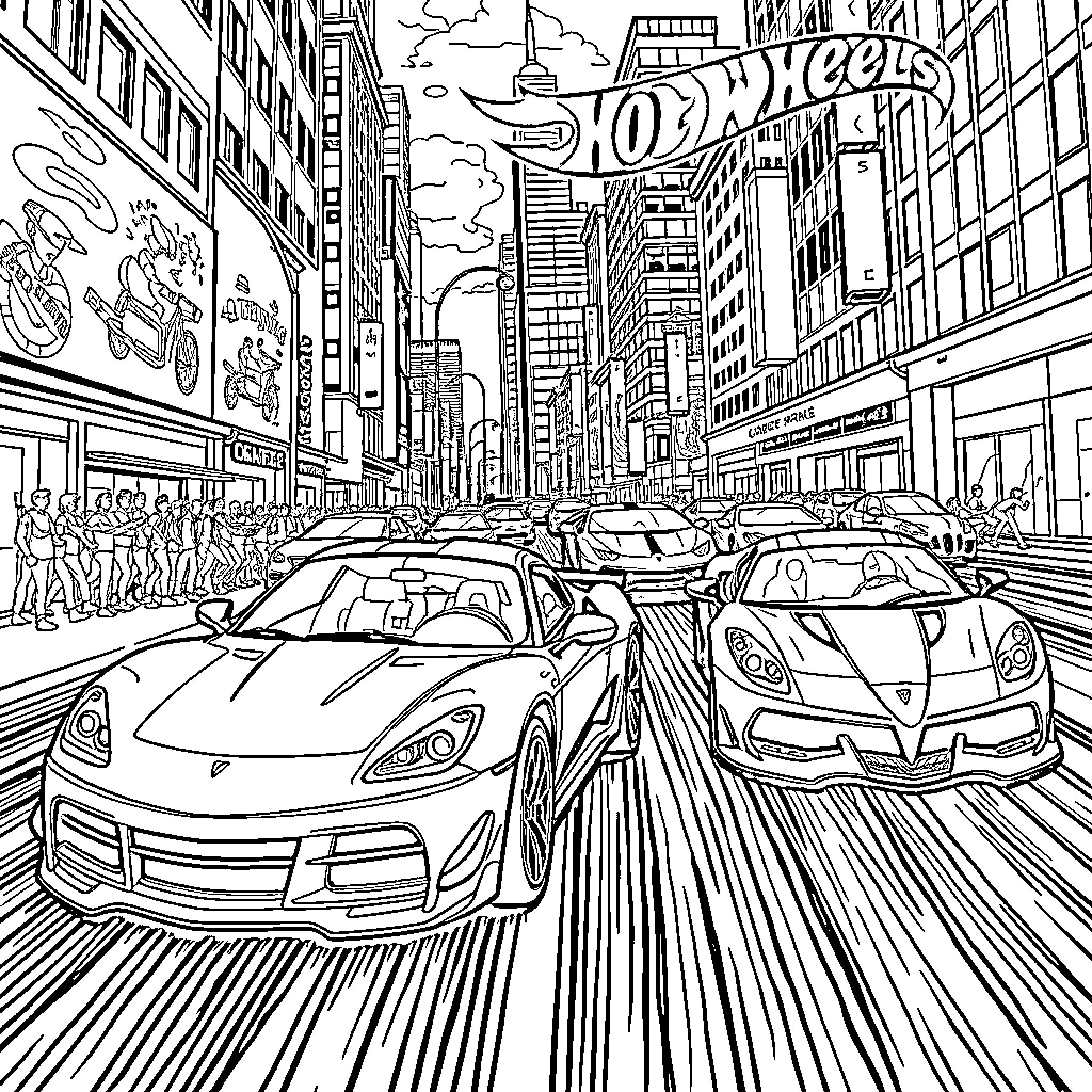 Car race on busy city street with Hot Wheels sign Coloring Page (free black-and-white line drawing printable PDF for all, from beginners to advanced learners, including children, teens, adults, and seniors)