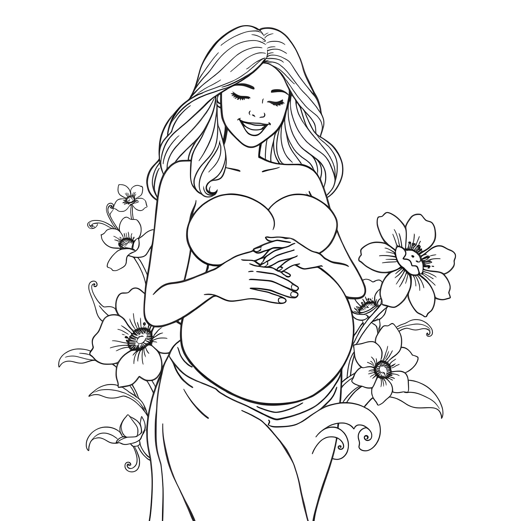 Pregnant woman surrounded by blooming flowers Coloring Page (free black-and-white line drawing printable PDF for all, from beginners to advanced learners, including children, teens, adults, and seniors)