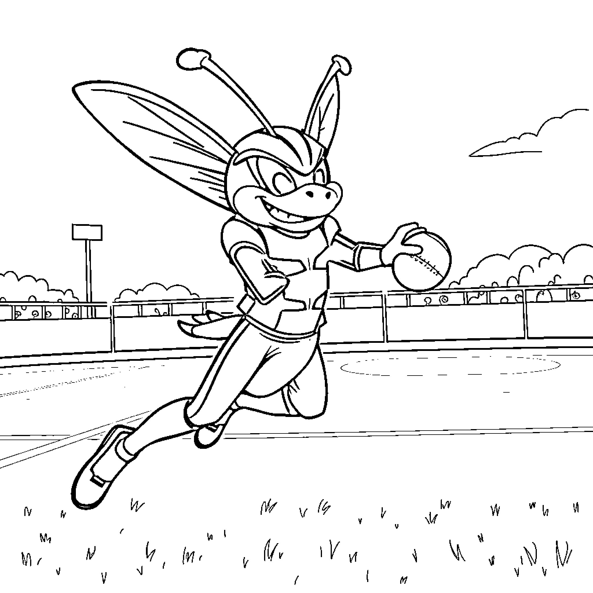 Hornet racing along the track cheerfully Coloring Page (free black-and-white line drawing printable PDF for all, from beginners to advanced learners, including children, teens, adults, and seniors)