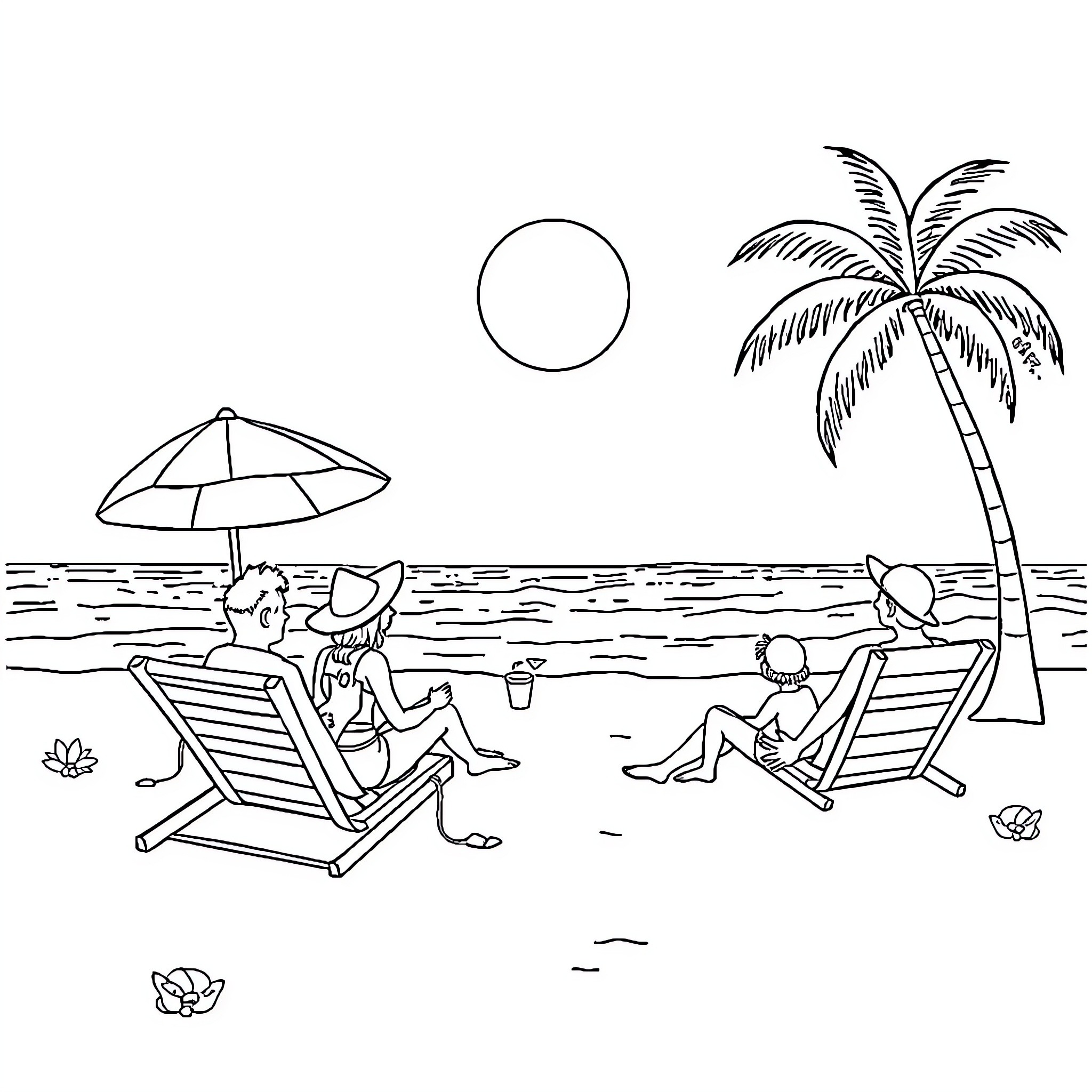 Summer friends relaxing on the beach Coloring Page (free black-and-white line drawing printable PDF for all, from beginners to advanced learners, including children, teens, adults, and seniors)