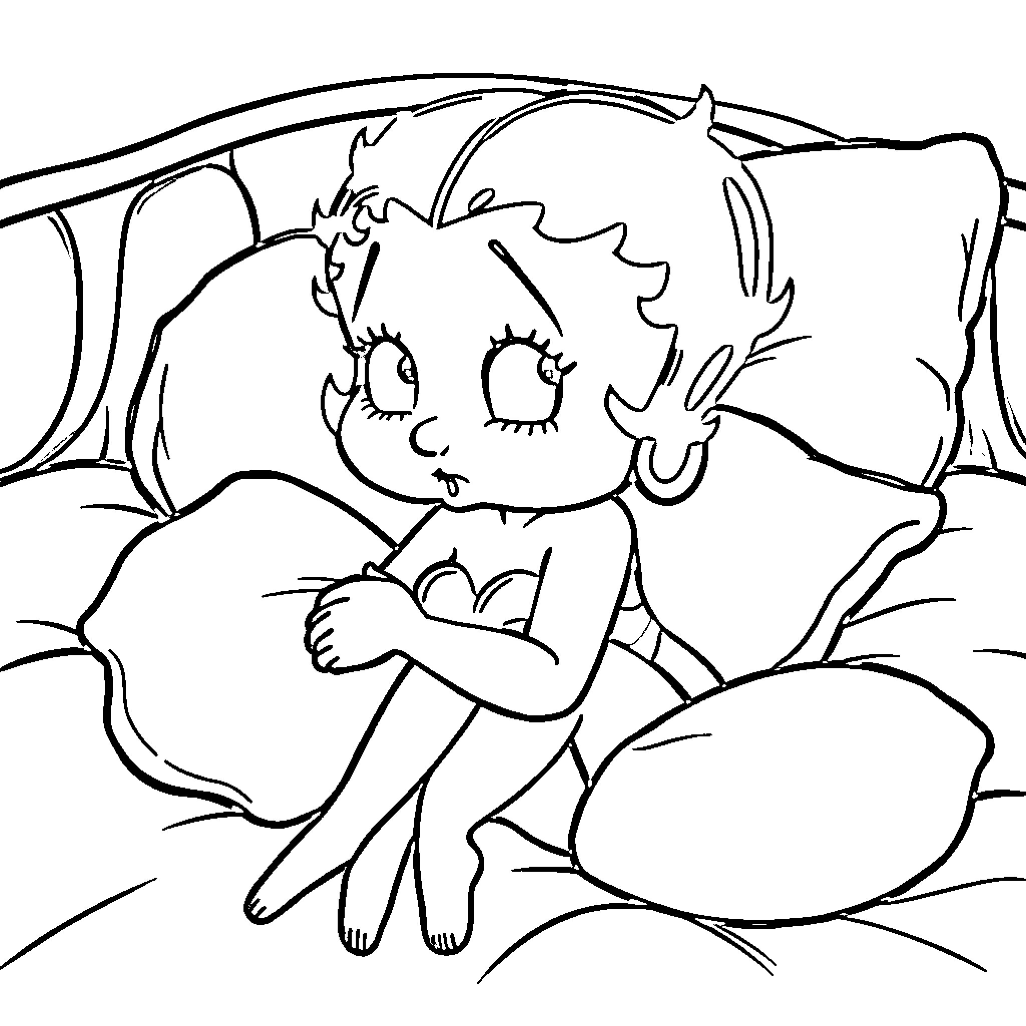 Betty Boop in a peaceful and serene scene Coloring Page (free black-and-white line drawing printable PDF for all, from beginners to advanced learners, including children, teens, adults, and seniors)