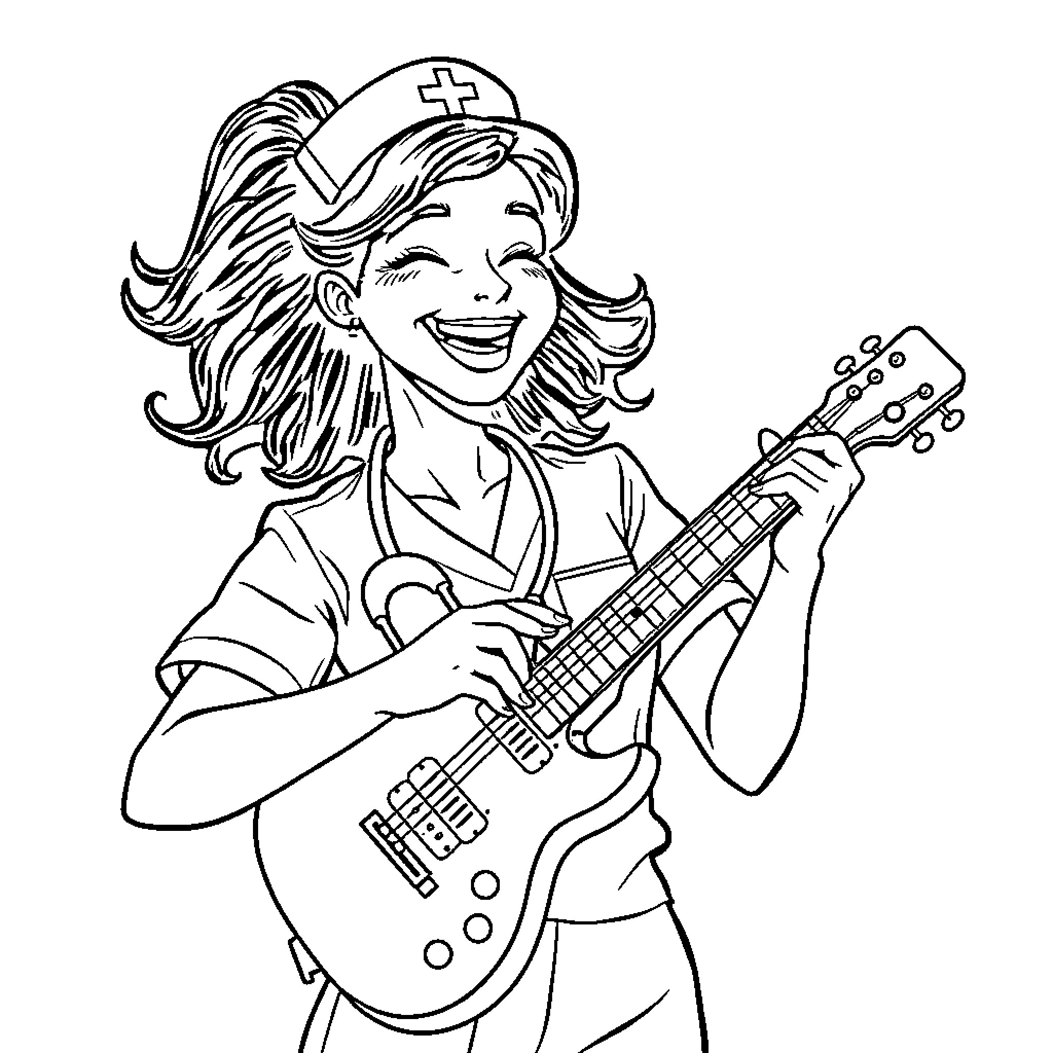 Nurse playing guitar with joy Coloring Page (free black-and-white line drawing printable PDF for all, from beginners to advanced learners, including children, teens, adults, and seniors)
